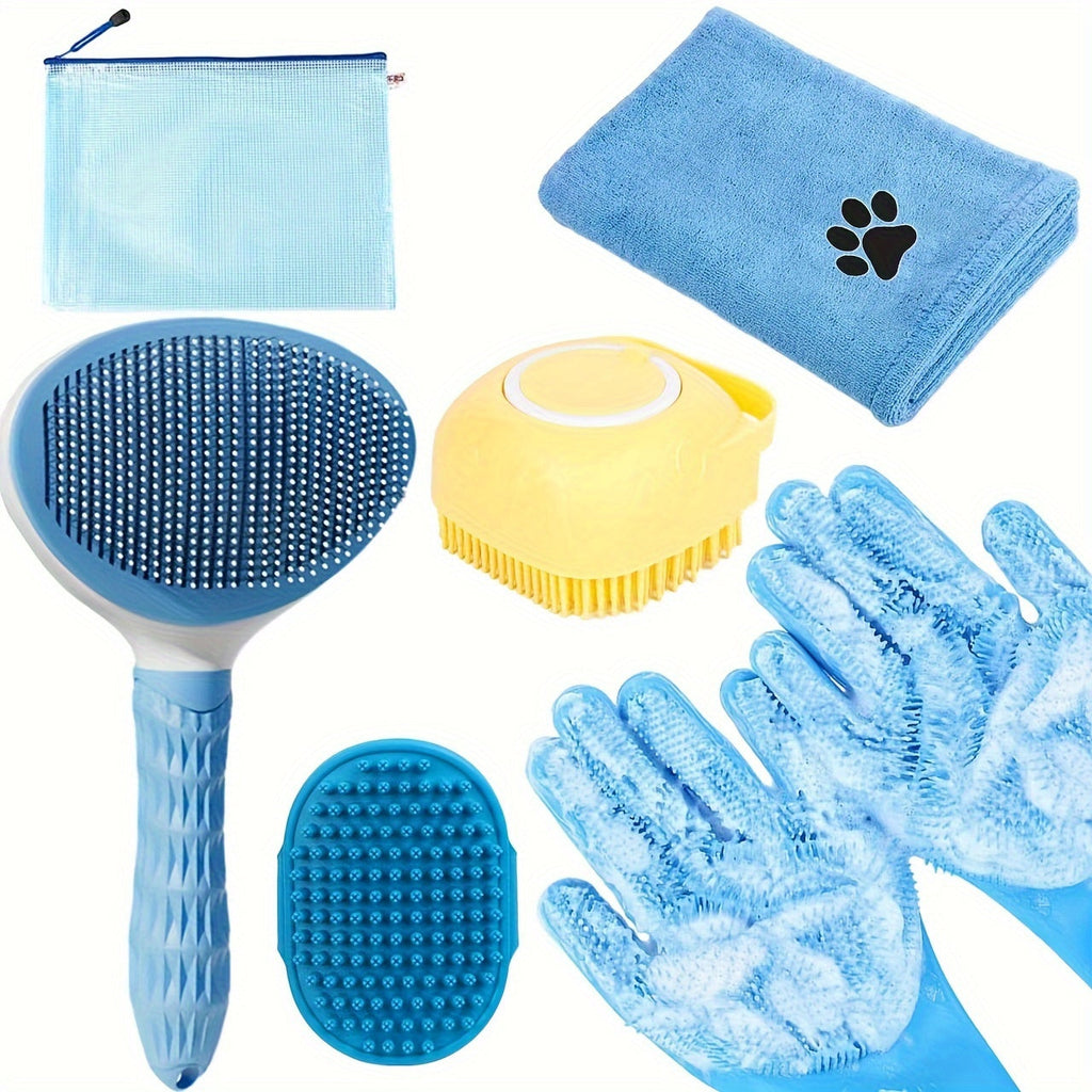 Dog Bath Brush Grooming Kit 6pcs with Gloves & Towel LPT