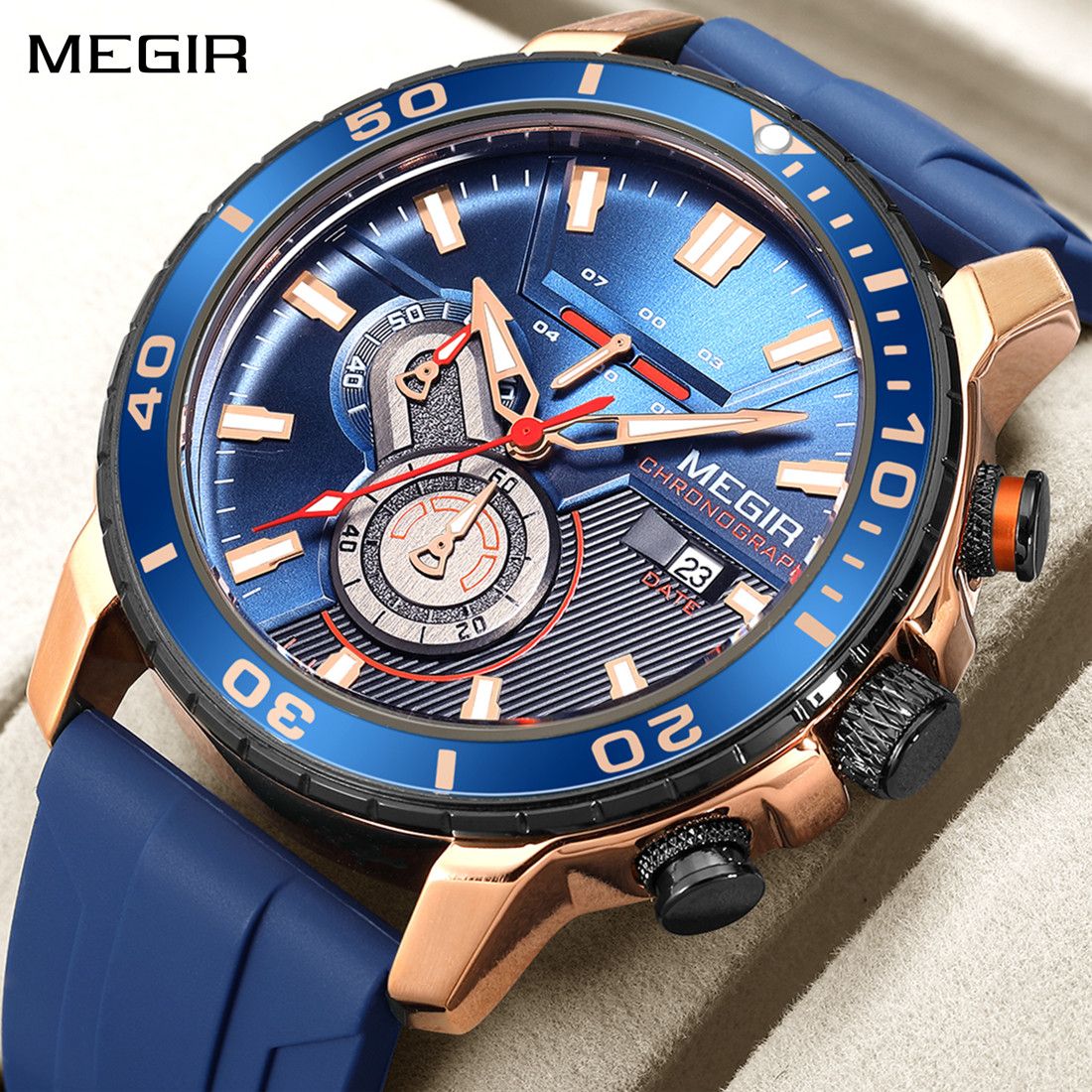 MEGIR Luxury Military Watches for Men Fashion Sport Quartz Wristwatch Waterproof Silicone Band Male Clock Chronograph with Date 2224-0