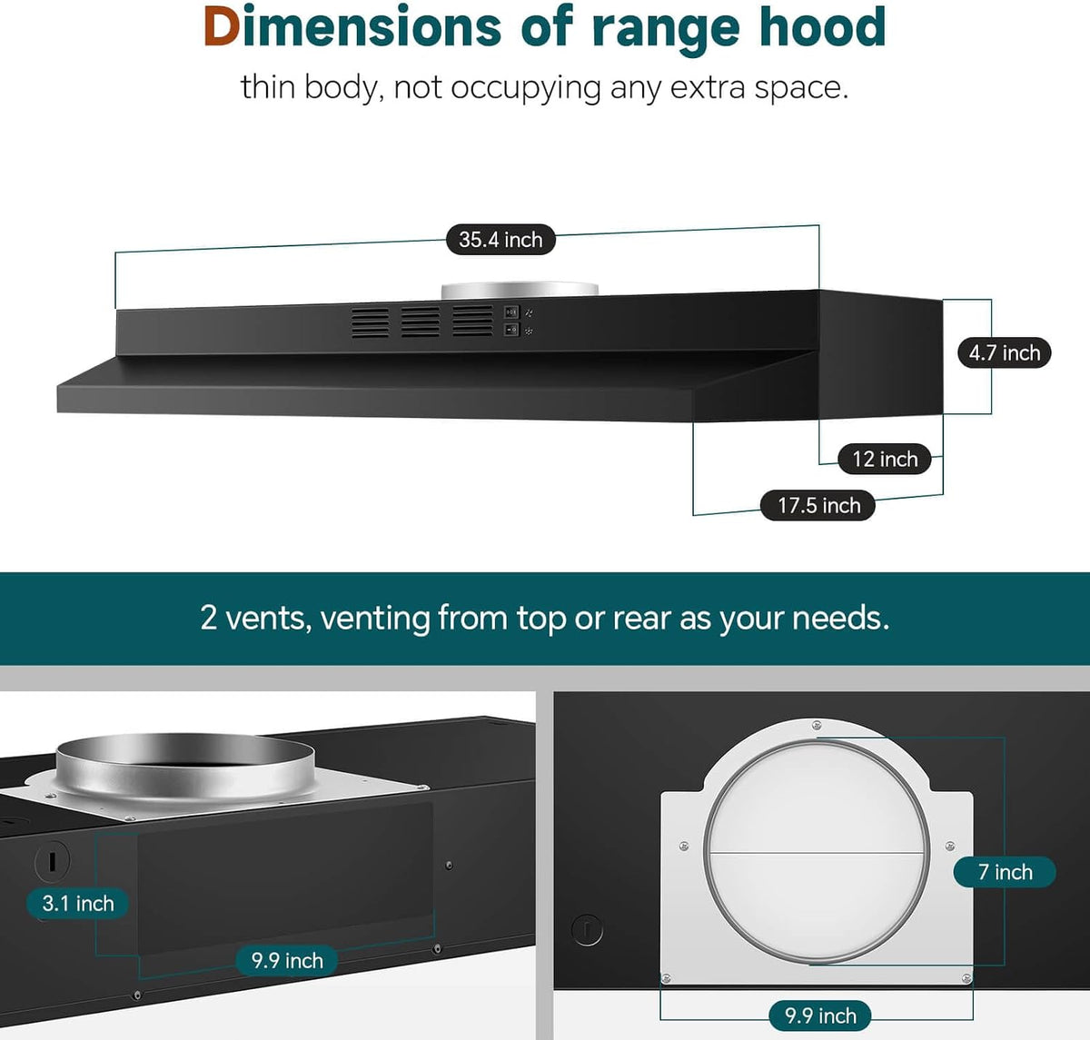 SNDOAS Black Range Hood 36 inch,Ductless Under Cabinet Range Hood Included Carbon Sponge Filter,Ducted Optional,Kitchen Hood 36 inch with 2 Vents,2 Speeds,Hard Wired Stove Vent Jansha Store