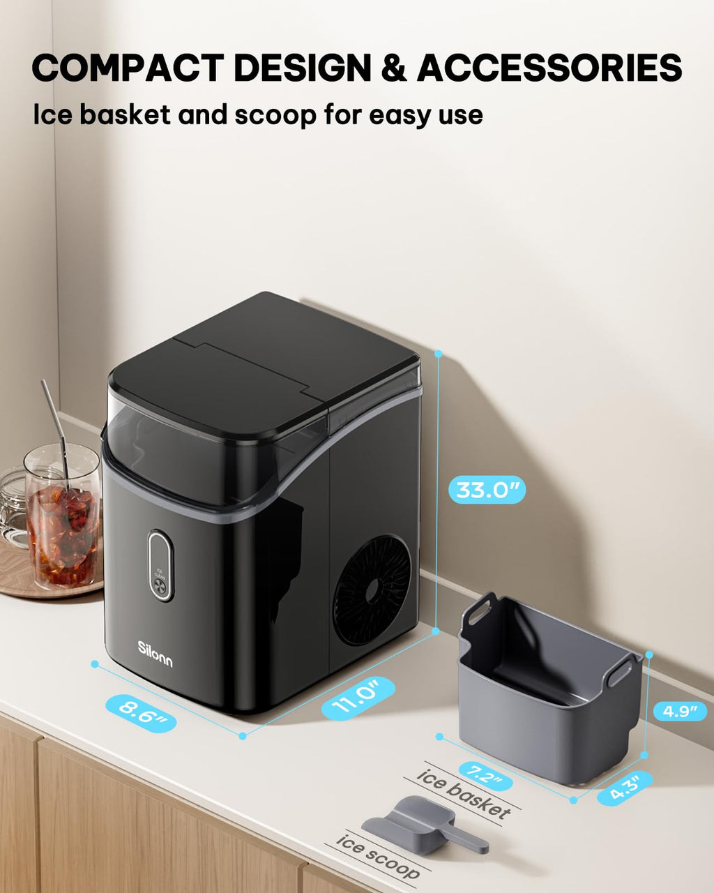 Silonn Ice Maker Countertop, 8 Bullet Ice Cubes in 6 Mins, 26.5 Lbs per Day, 2 Size Options, Self-Cleaning & Portable for Kitchen, Office, Party, RV Camping Jansha Store