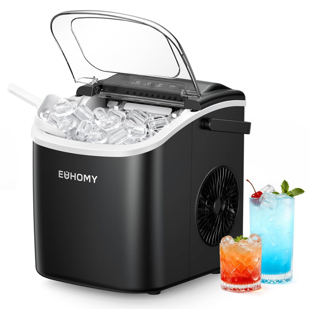 EUHOMY Countertop Ice Maker Machine with Handle, 26lbs in 24Hrs, 9 Ice Cubes Ready in 6 Mins, Auto-Cleaning Portable Ice Maker with Basket and Scoop, for Home/Kitchen/Camping/RV. (Black) Jansha Store