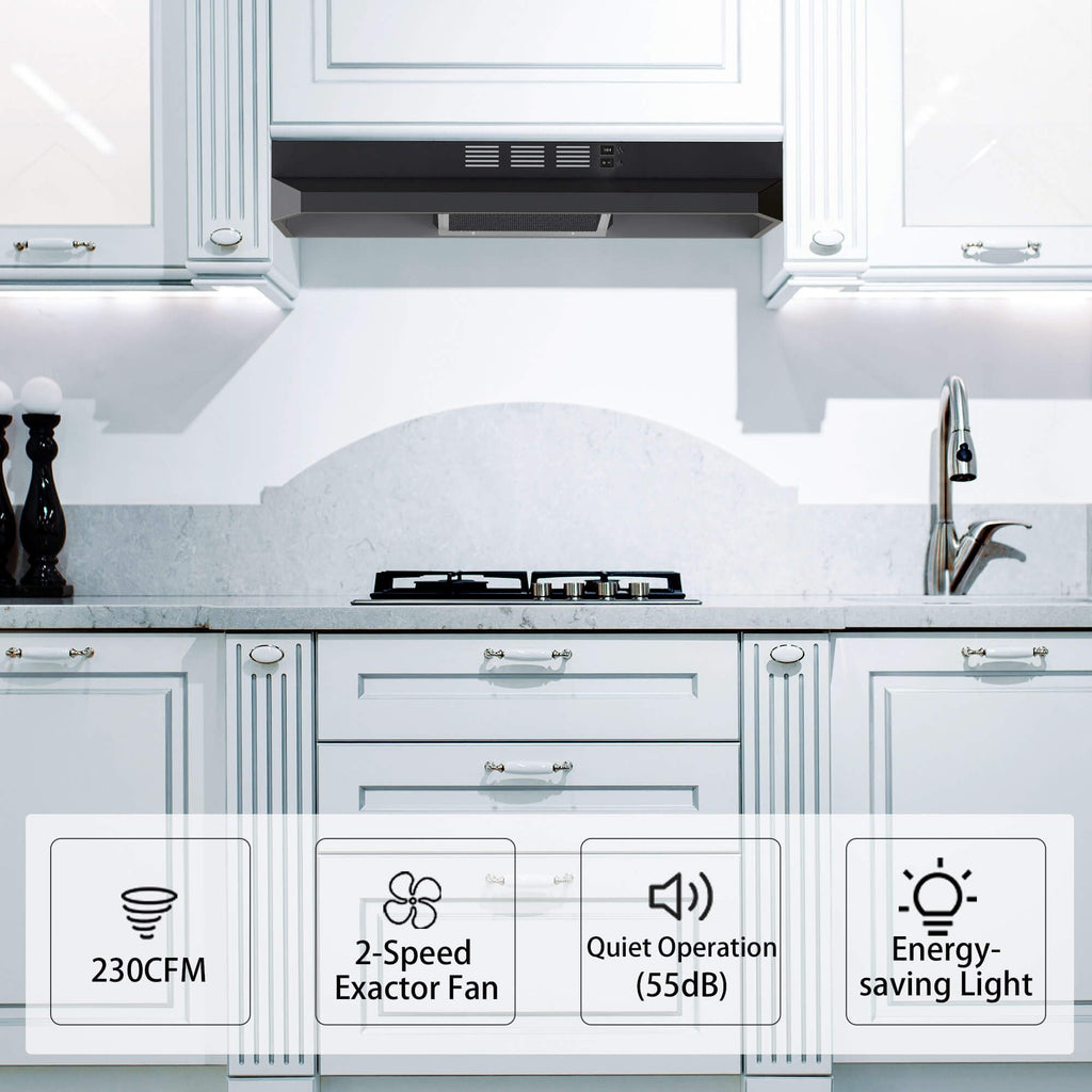 SNDOAS Black Range Hood 36 inch,Ductless Under Cabinet Range Hood Included Carbon Sponge Filter,Ducted Optional,Kitchen Hood 36 inch with 2 Vents,2 Speeds,Hard Wired Stove Vent Jansha Store