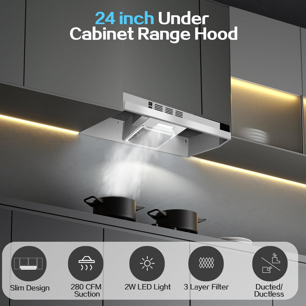 Range Hood 30 inch Under Cabinet, Stainless Steel Kitchen Vent Hood 280CFM, Built-in Kitchen Stove Hood w/Rocker Button Control, Ducted/Ductless Convertible Duct, 2 Speeds Fan, Bright LED Light Jansha Store