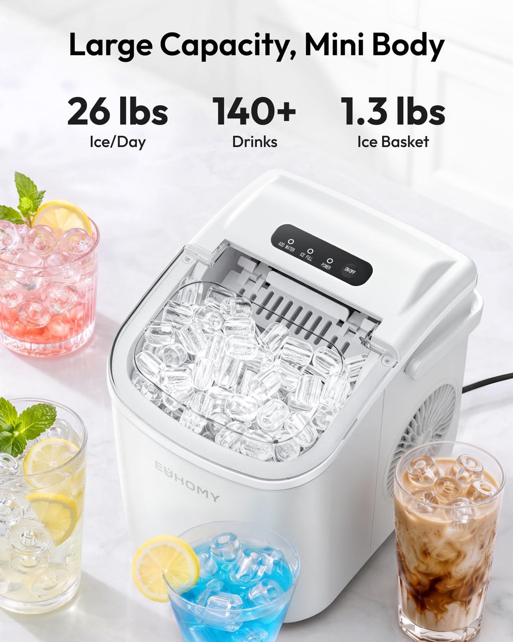 EUHOMY Countertop Ice Maker Machine with Handle, 26lbs in 24Hrs, 9 Ice Cubes Ready in 6 Mins, Auto-Cleaning Portable Ice Maker with Basket and Scoop, for Home/Kitchen/Camping/RV. (Black) Jansha Store