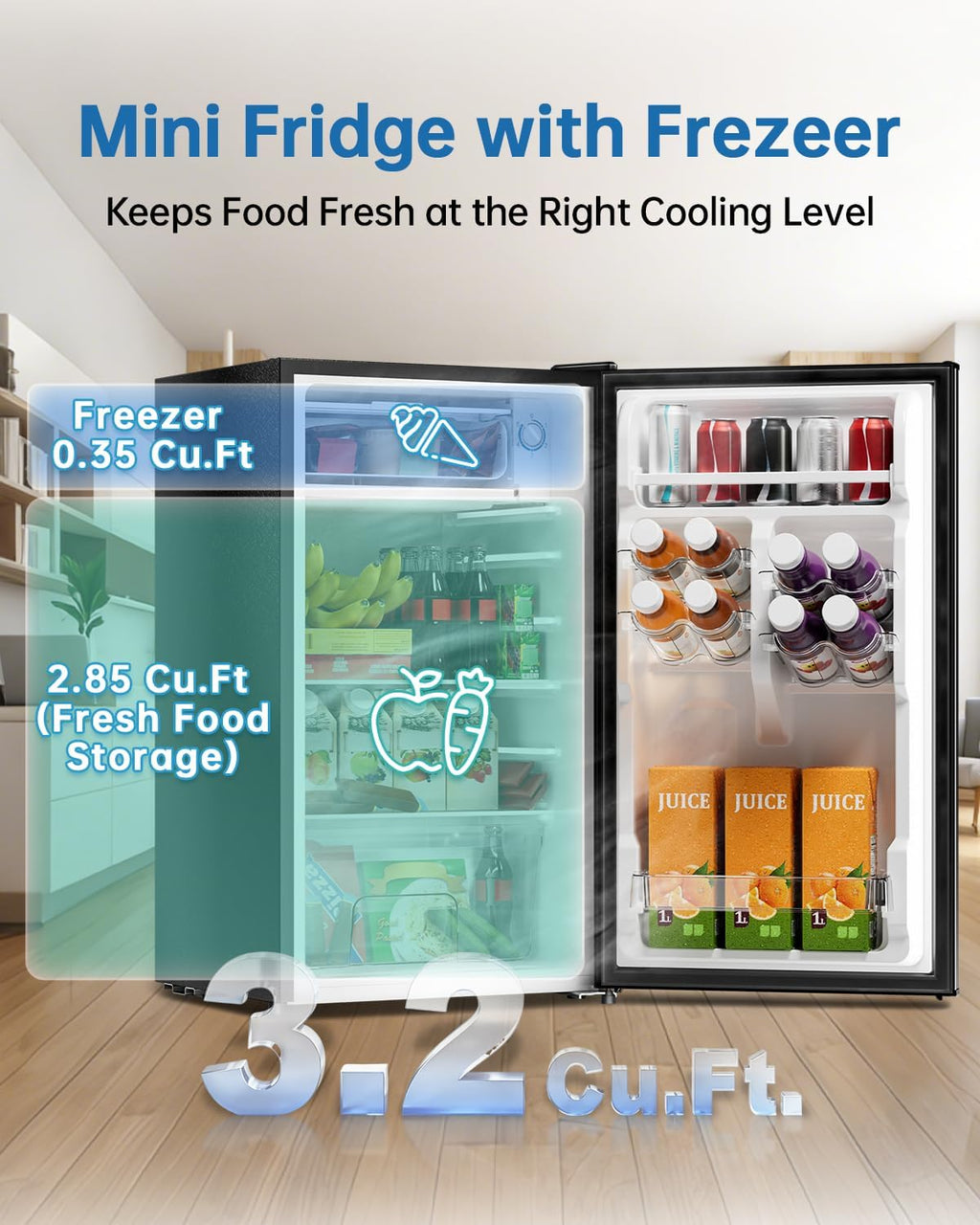 3.2 Cu Ft Mini Fridge with Freezer, Single Door Upright Freezer Jansha Store