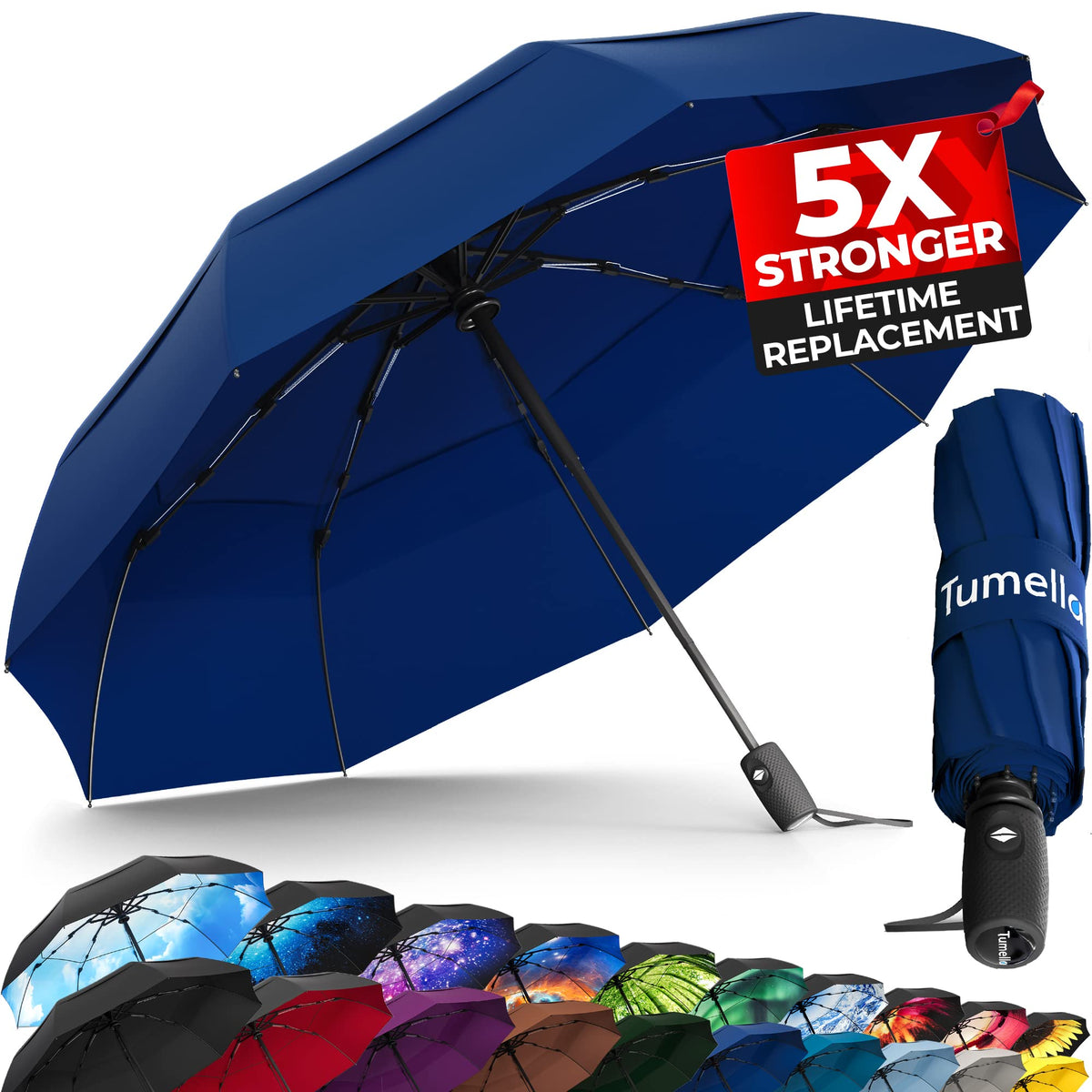 TUMELLA Strongest Windproof Travel Umbrella (Compact, 100MPH Wind-Tested), Light, Portable, One-Handed Use, Automatic Folding Rain Umbrella, Durable, Premium Grip, Fits Car & Backpack Jansha Store