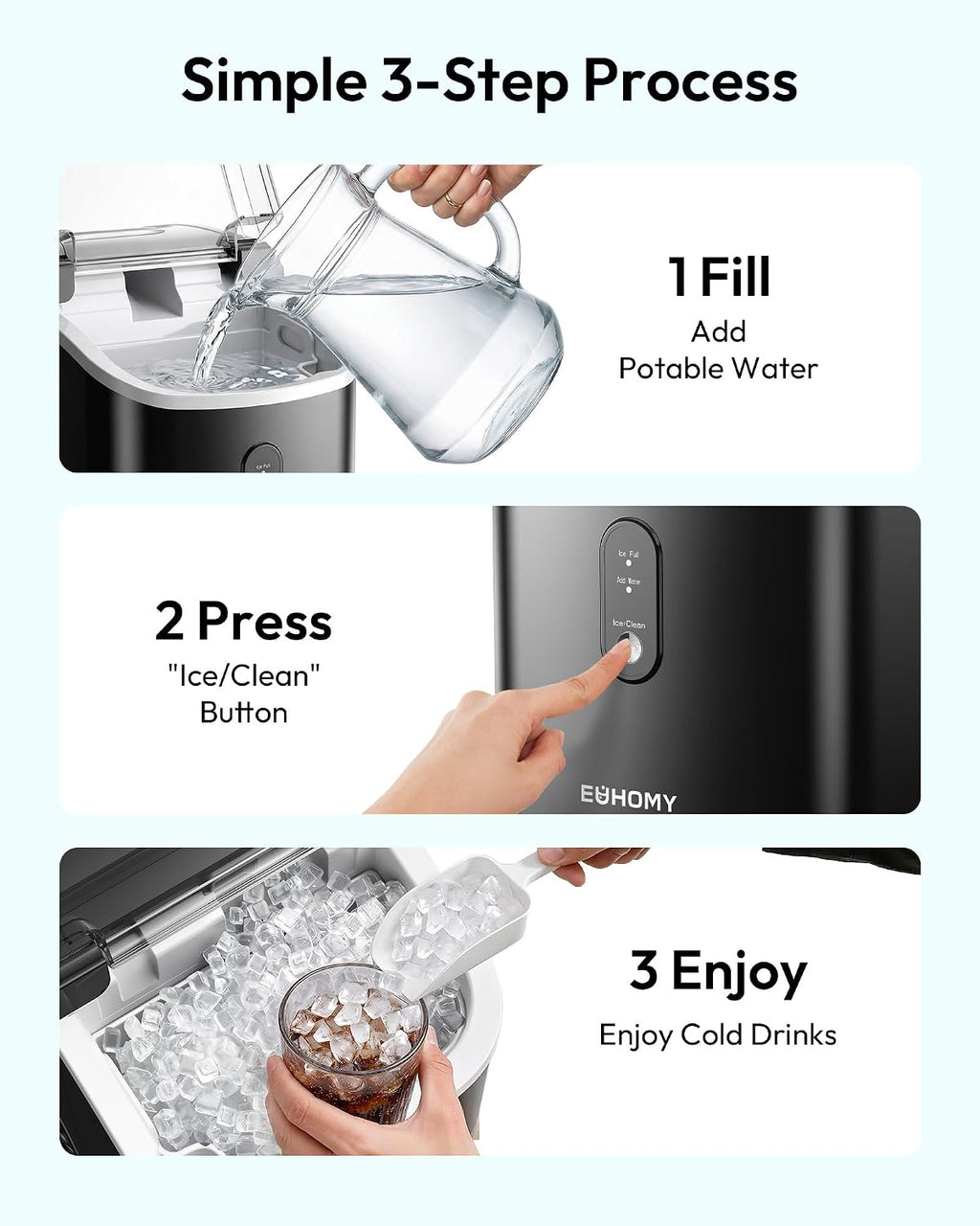 EUHOMY Nugget Ice Maker Countertop with Handle, Ready in 6 Mins, 34lbs Per Day, Removable Top Cover, Auto-Cleaning, Portable Sonic Ice Maker with Basket and Scoop, for Home/Party/RV/Camping (Black) Jansha Store