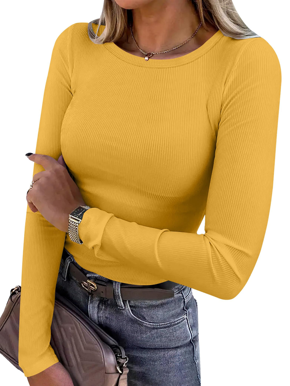 ANRABESS Women Long Sleeve Shirts Ribbed Fitted Tops Jansha Store