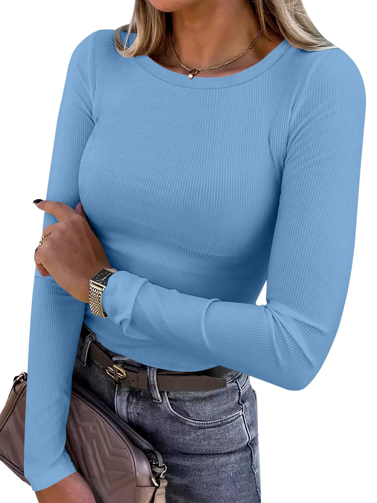 ANRABESS Women Long Sleeve Shirts Ribbed Fitted Tops Jansha Store