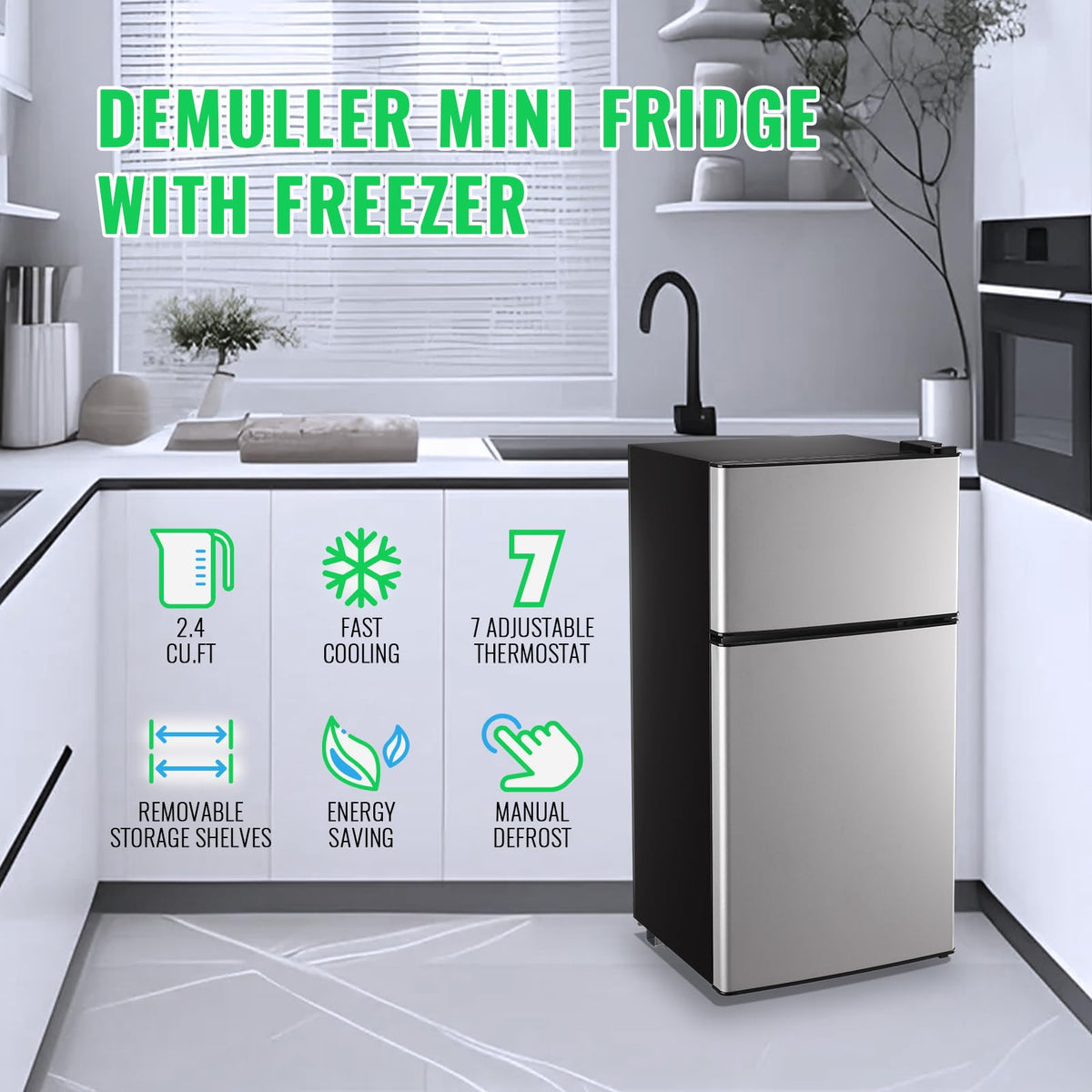 DEMULLER 45L Personal Double‑Door Mini Fridge With Freezer, Black Jansha Store