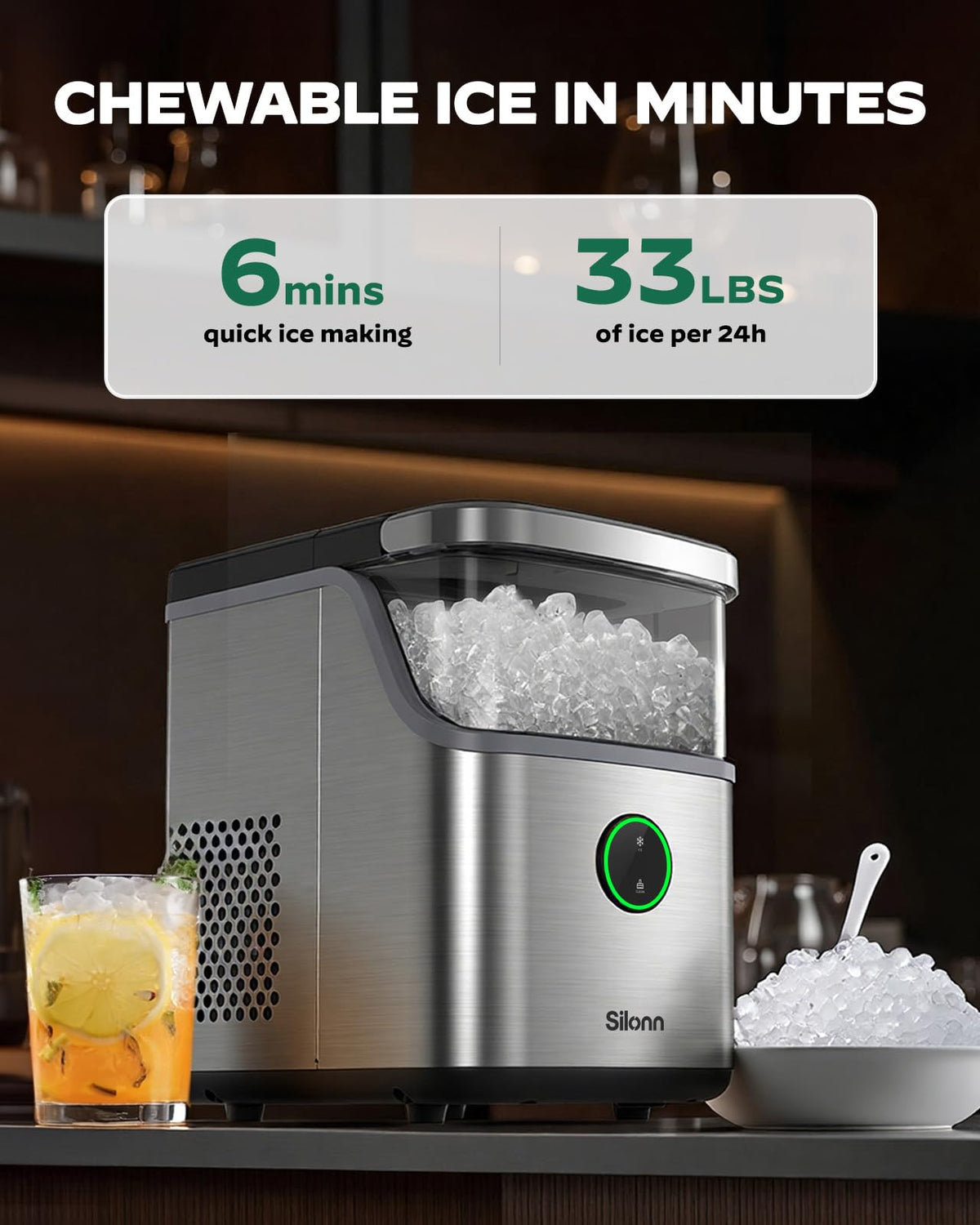 Silonn Nugget Ice Maker Countertop, Pellet Ice Machine with Self-Cleaning Function, Sonic Ice Maker Produces 36lbs of Chewable Ice in 24 Hours, Ideal for Home Kitchen and Office (Stainless Steel) Jansha Store