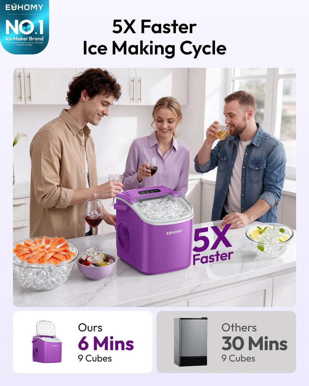 EUHOMY Countertop Ice Maker Machine with Handle, 26lbs in 24Hrs, 9 Ice Cubes Ready in 6 Mins, Auto-Cleaning Portable Ice Maker with Basket and Scoop, for Home/Kitchen/Camping/RV. (Black) Jansha Store