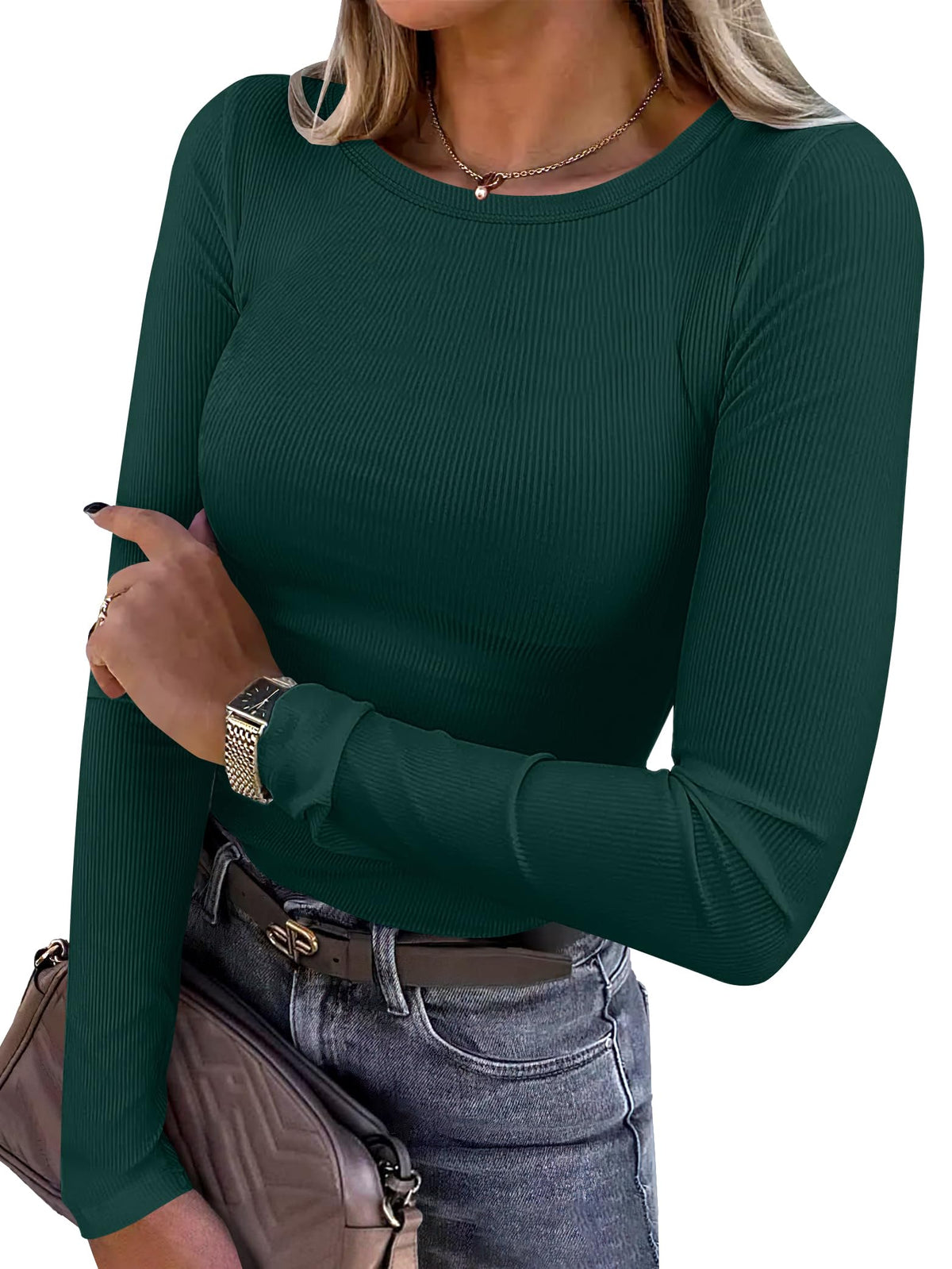 ANRABESS Women Long Sleeve Shirts Ribbed Fitted Tops Jansha Store