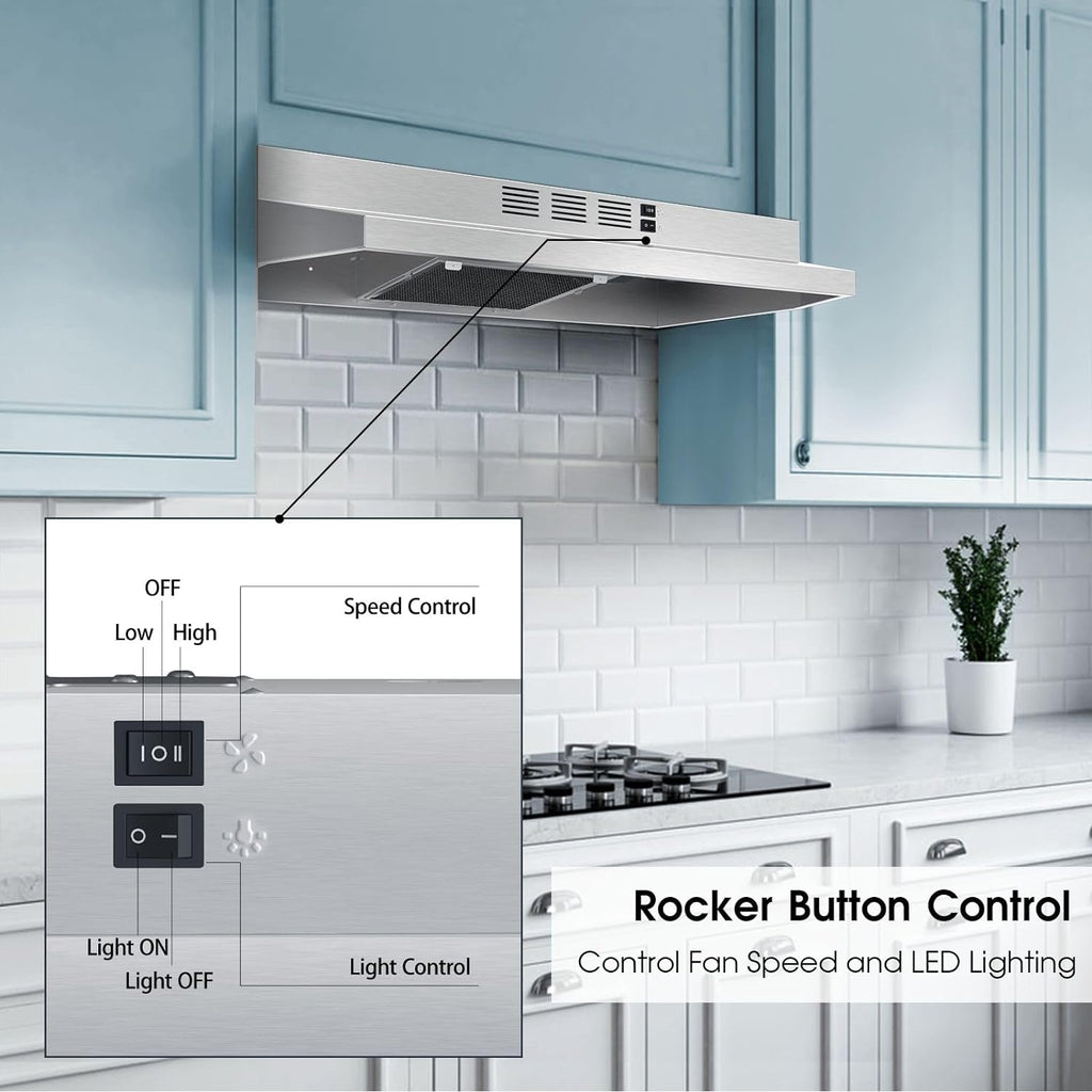Range Hood 30 inch Under Cabinet, Stainless Steel Kitchen Vent Hood 280CFM, Built-in Kitchen Stove Hood w/Rocker Button Control, Ducted/Ductless Convertible Duct, 2 Speeds Fan, Bright LED Light Jansha Store