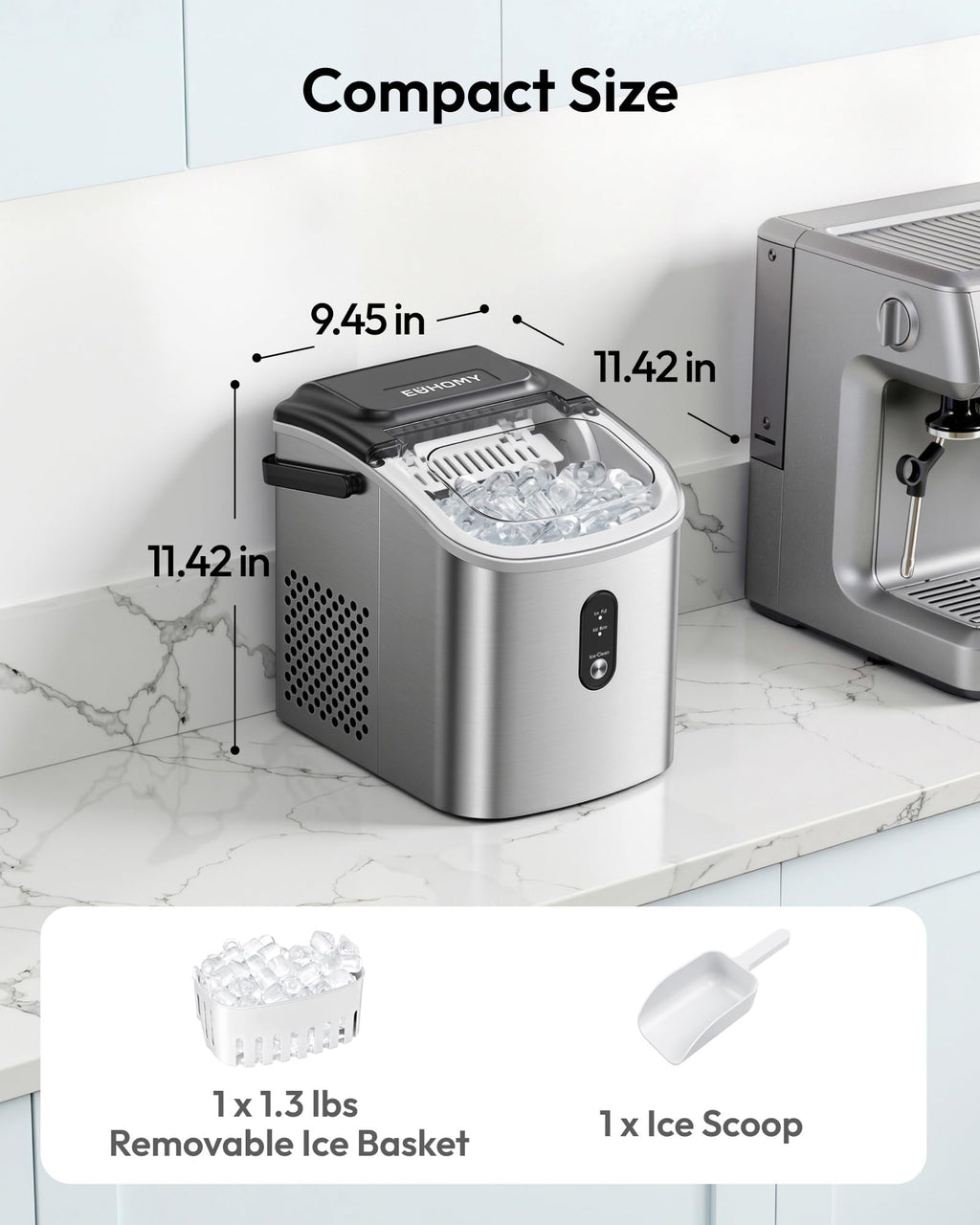 EUHOMY Countertop Ice Maker Machine with Handle, 26lbs in 24Hrs, 9 Ice Cubes Ready in 6 Mins, Auto-Cleaning Portable Ice Maker with Basket and Scoop, for Home/Kitchen/Camping/RV. (Black) Jansha Store