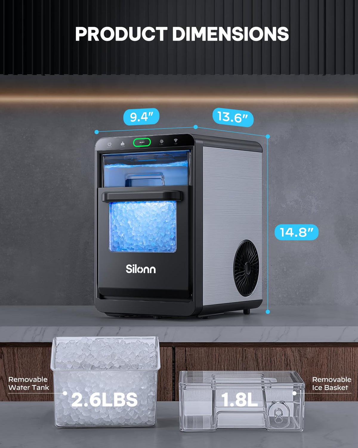 Silonn Nugget Ice Maker Countertop, Pellet Ice Machine with Self-Cleaning Function, Sonic Ice Maker Produces 36lbs of Chewable Ice in 24 Hours, Ideal for Home Kitchen and Office (Stainless Steel) Jansha Store