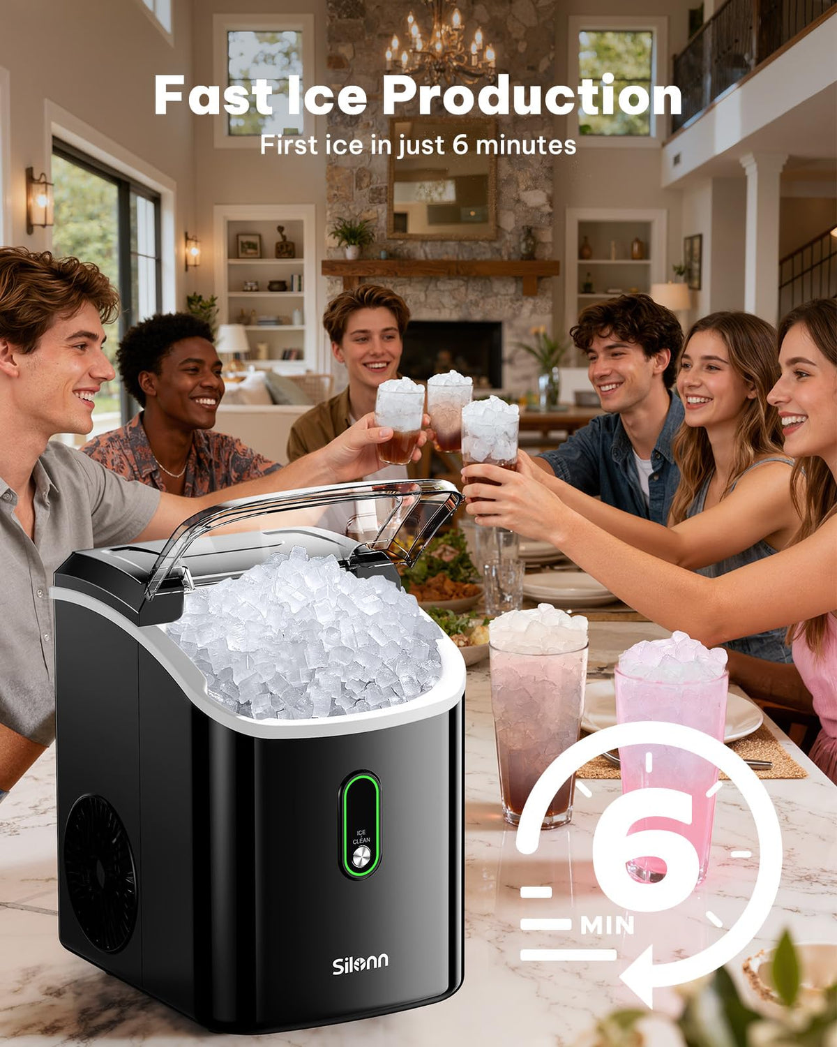 Silonn Nugget Ice Maker Countertop, Pellet Ice Machine with Self-Cleaning Function, Sonic Ice Maker Produces 36lbs of Chewable Ice in 24 Hours, Ideal for Home Kitchen and Office (Stainless Steel) Jansha Store