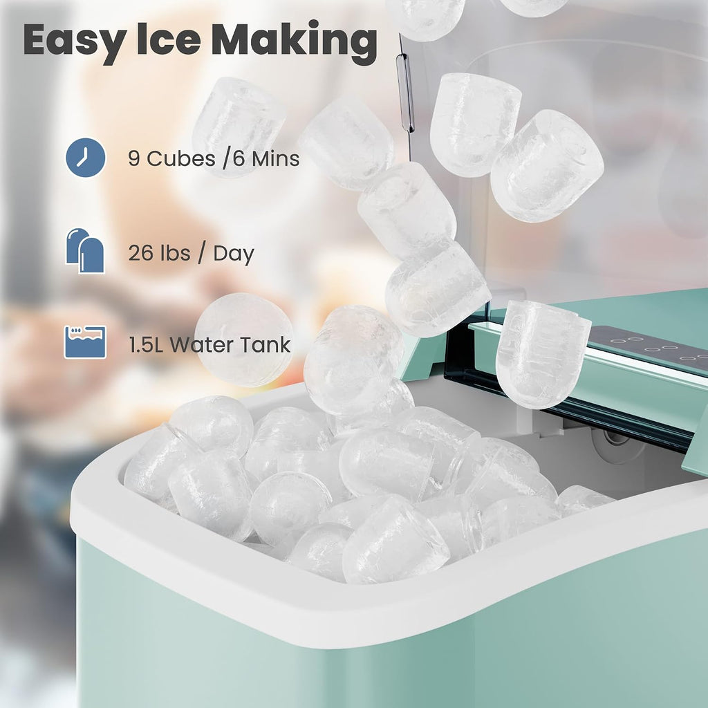 DUMOS Countertop Ice Maker with Handle, 26lbs/24H, Makes 9 Bullet Cubes in 6 Mins, Auto-Cleaning, Portable Ice Machine for Home Kitchen RV Camping, Green Jansha Store