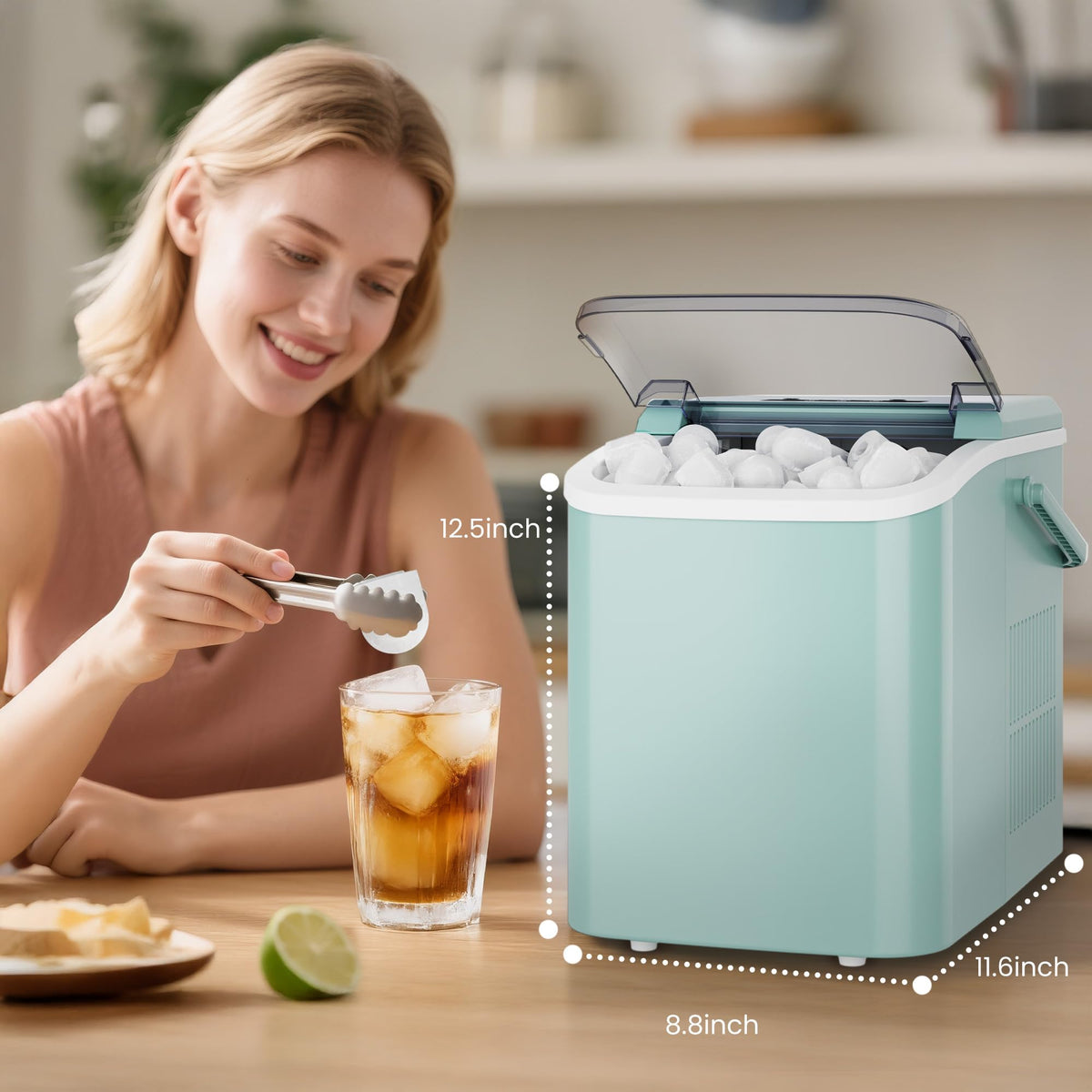 DUMOS Countertop Ice Maker with Handle, 26lbs/24H, Makes 9 Bullet Cubes in 6 Mins, Auto-Cleaning, Portable Ice Machine for Home Kitchen RV Camping, Green Jansha Store