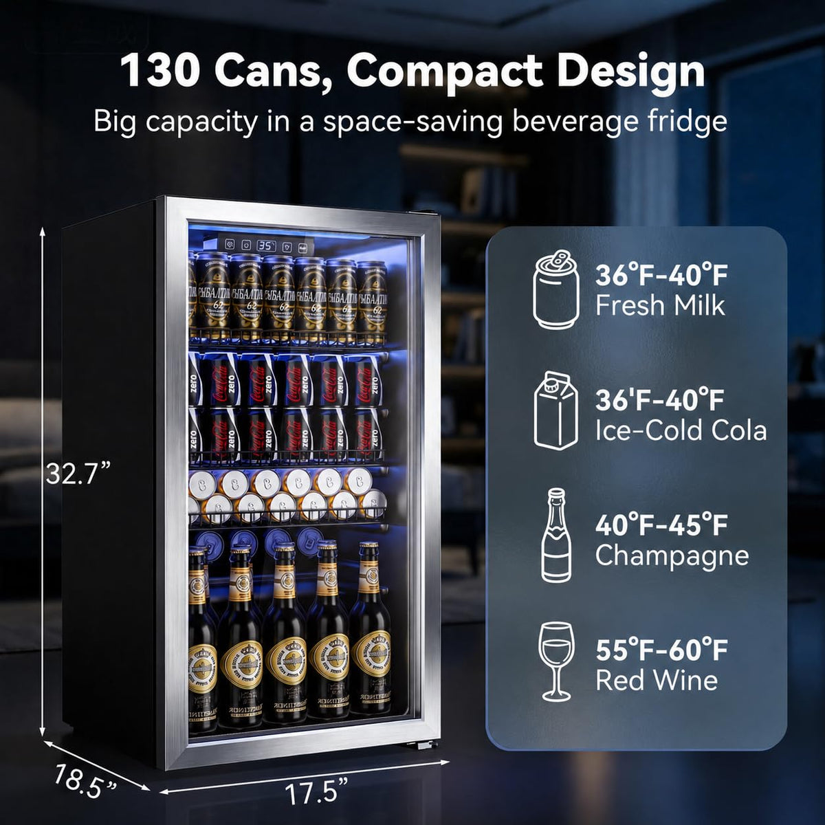 130 Can Beverage Refrigerator, 3.2 Cu.Ft Mini Fridge Beverage Cooler Jansha Store