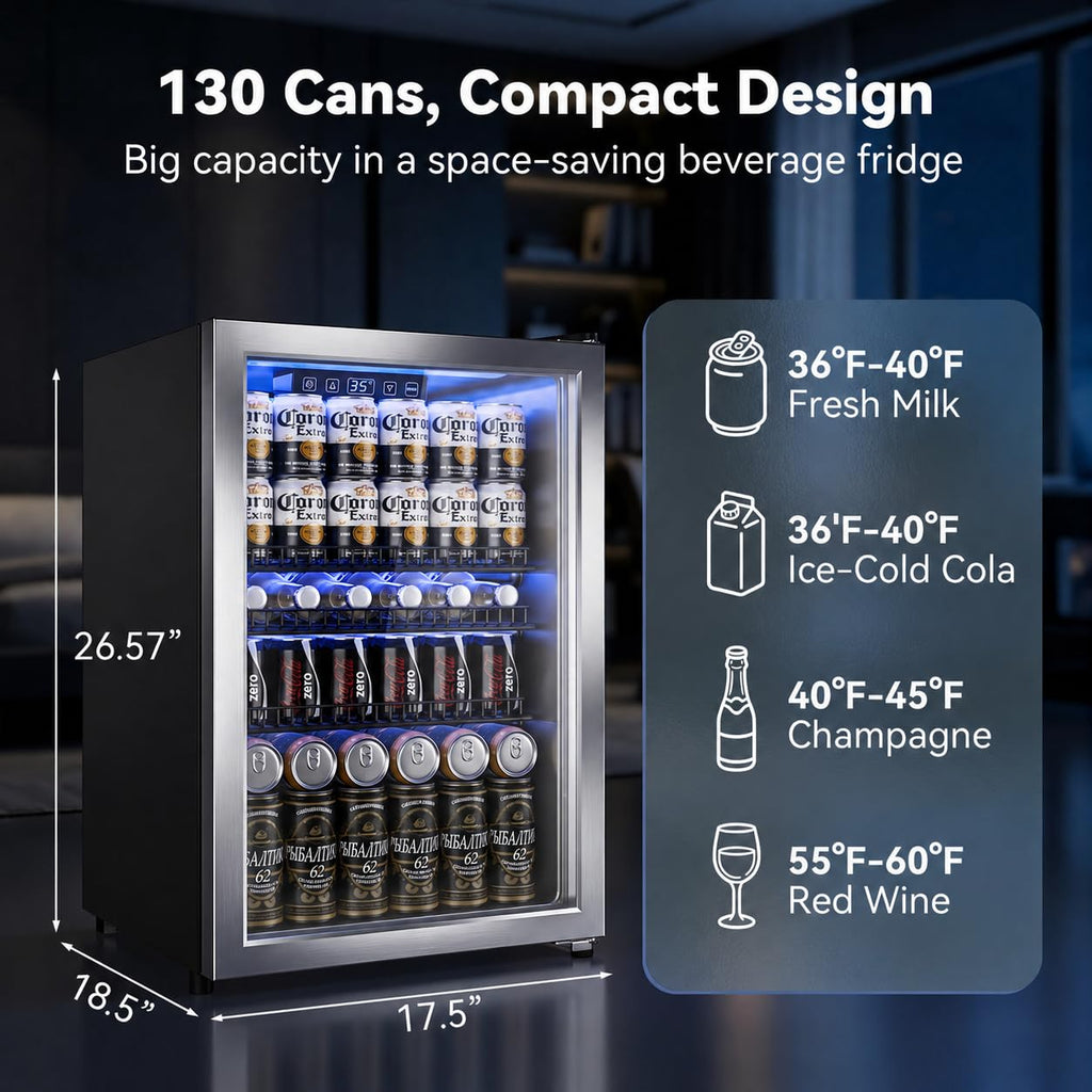 130 Can Beverage Refrigerator, 3.2 Cu.Ft Mini Fridge Beverage Cooler Jansha Store