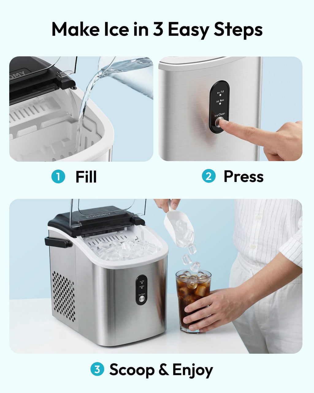 EUHOMY Countertop Ice Maker Machine with Handle, 26lbs in 24Hrs, 9 Ice Cubes Ready in 6 Mins, Auto-Cleaning Portable Ice Maker with Basket and Scoop, for Home/Kitchen/Camping/RV. (Black) Jansha Store