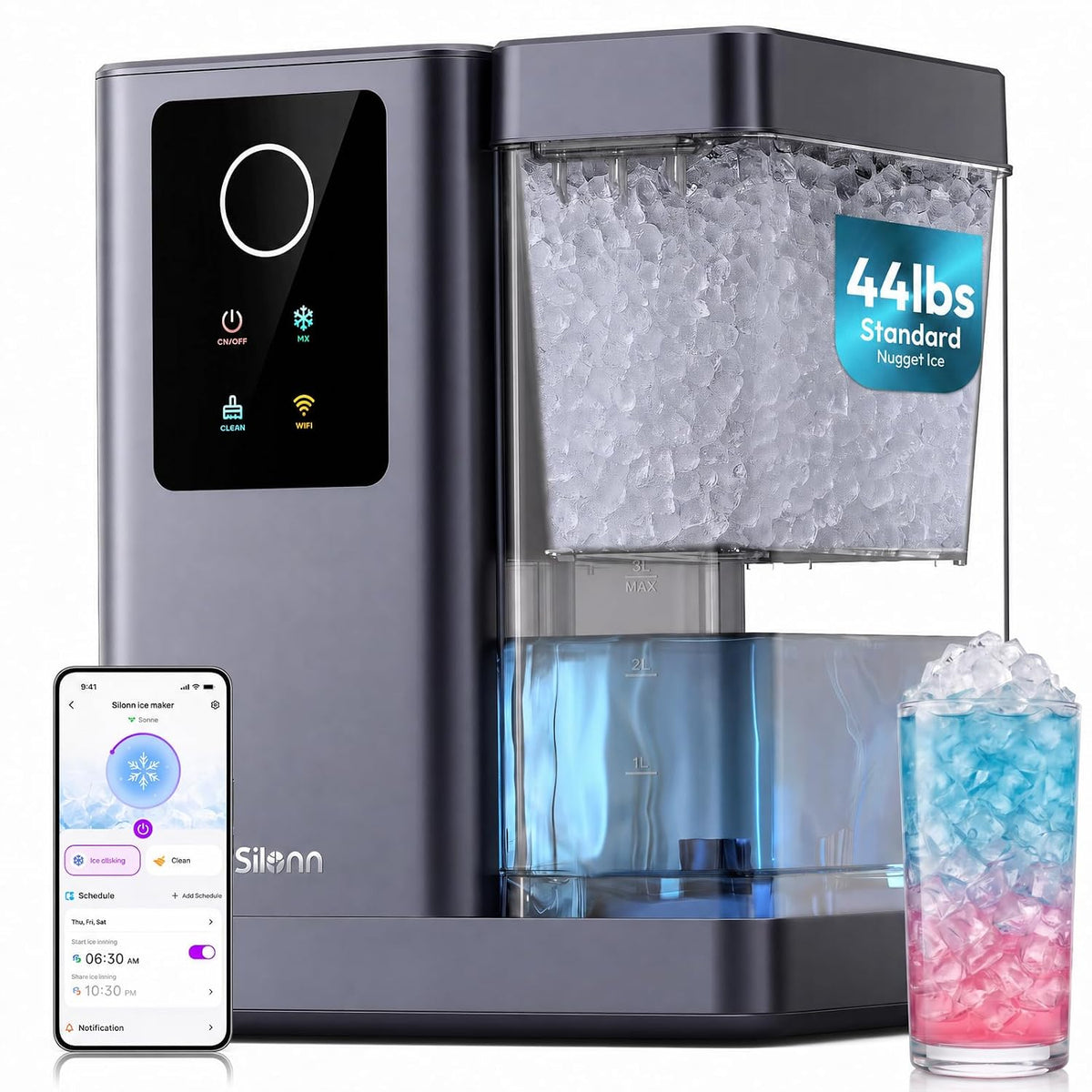 Silonn Nugget Ice Maker, Smart Countertop Ice Machine with APP & Voice Control, Self-Cleaning, 44lbs/24H Soft Chewable Sonic Ice, 3L Tank, for Home Kitchen & Party Jansha Store