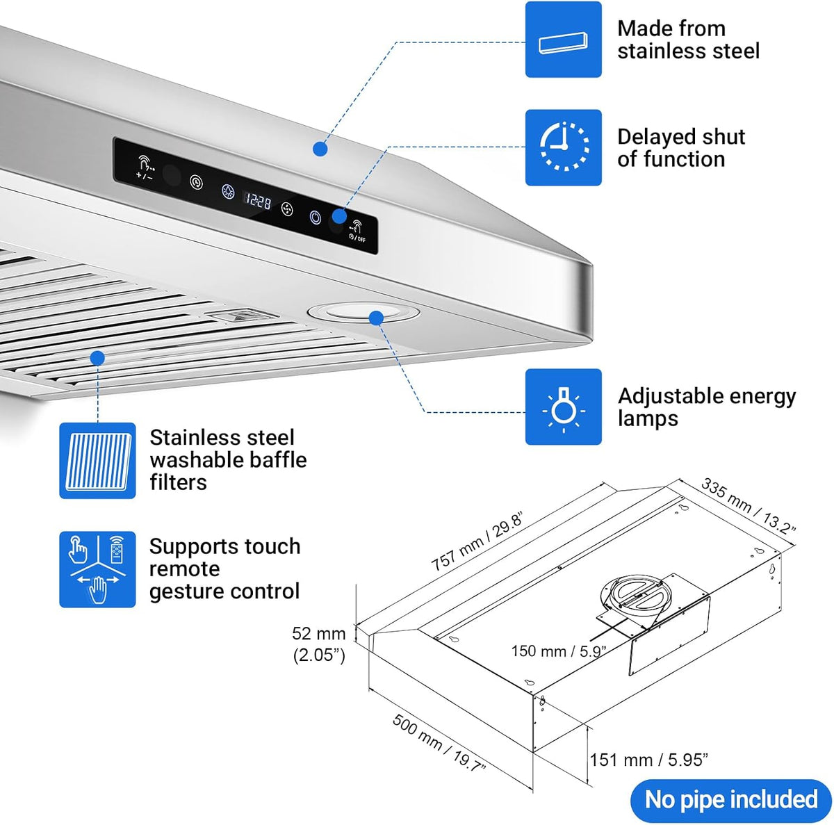 AMZCHEF 30" Under Cabinet Range Hood, 750CFM Stainless Steel Vent Hood Jansha Store