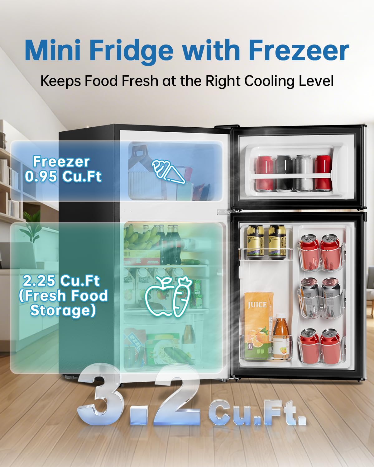 3.2 Cu Ft Mini Fridge with Freezer, Single Door Upright Freezer Jansha Store
