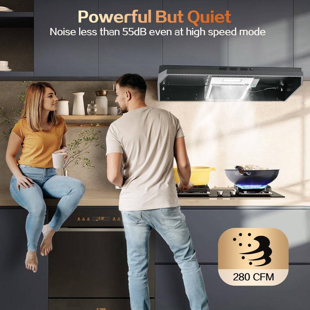 Range Hood 30 inch Under Cabinet, Stainless Steel Kitchen Vent Hood 280CFM, Built-in Kitchen Stove Hood w/Rocker Button Control, Ducted/Ductless Convertible Duct, 2 Speeds Fan, Bright LED Light Jansha Store
