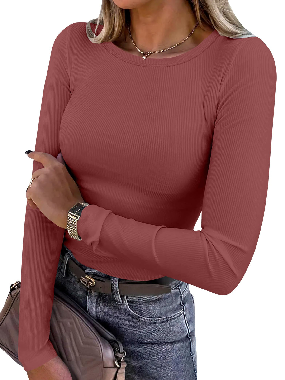 ANRABESS Women Long Sleeve Shirts Ribbed Fitted Tops Jansha Store