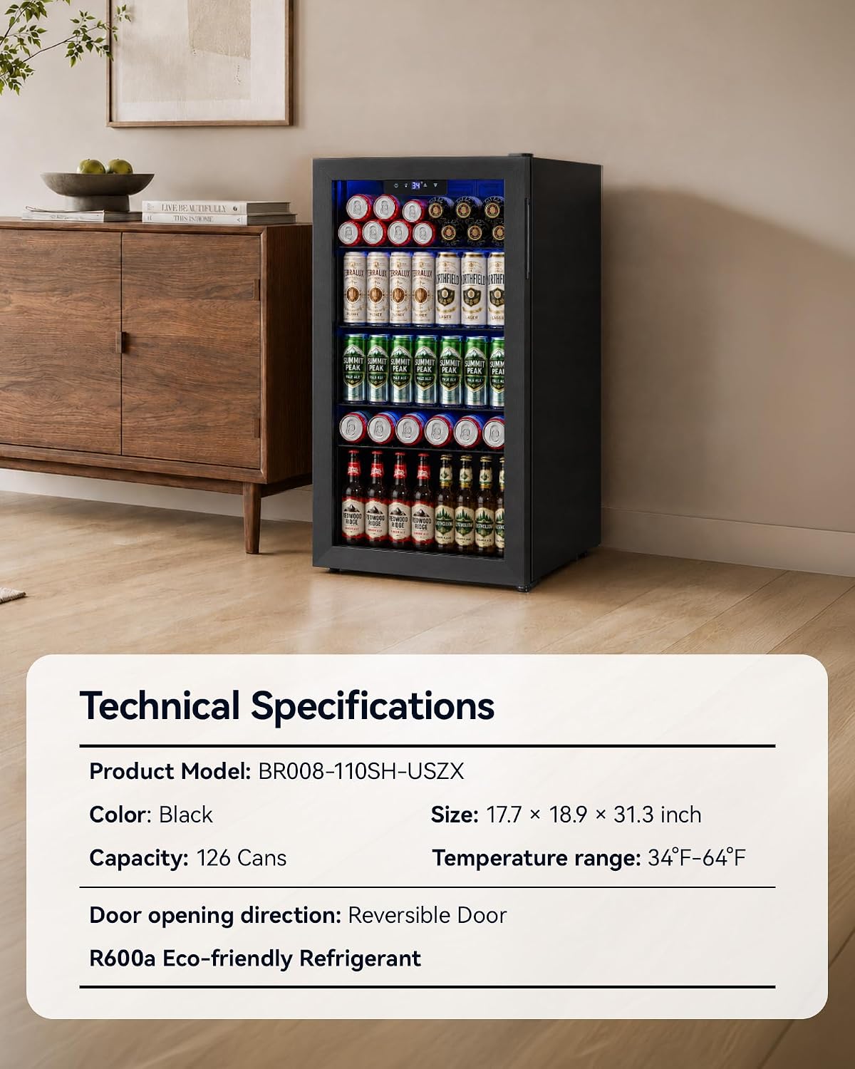 Feelfunn 3.2 Cu. Ft. Beverage Refrigerator, 126-Can Mini Fridge, 34-64°F Jansha Store