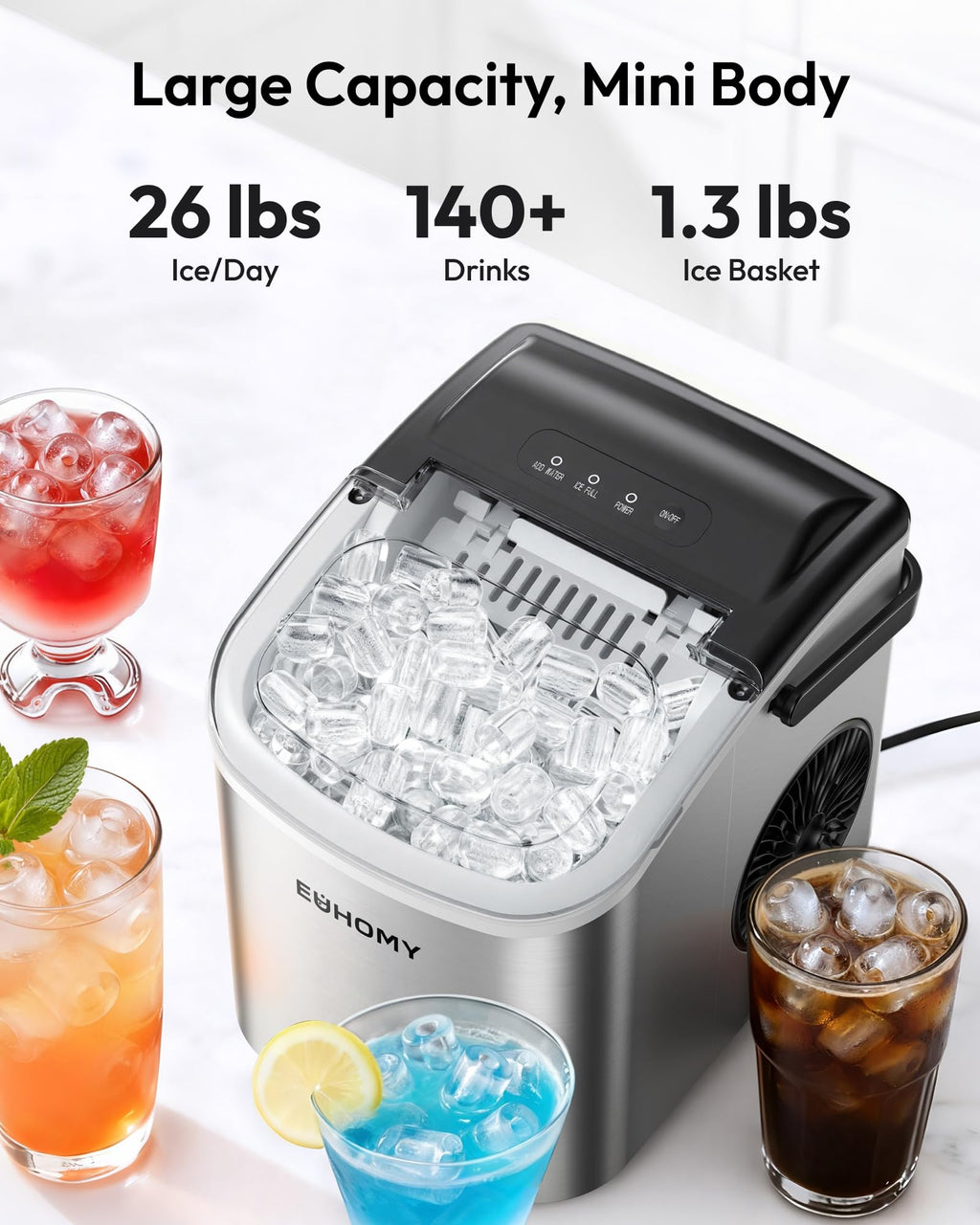 EUHOMY Countertop Ice Maker Machine with Handle, 26lbs in 24Hrs, 9 Ice Cubes Ready in 6 Mins, Auto-Cleaning Portable Ice Maker with Basket and Scoop, for Home/Kitchen/Camping/RV. (Black) Jansha Store