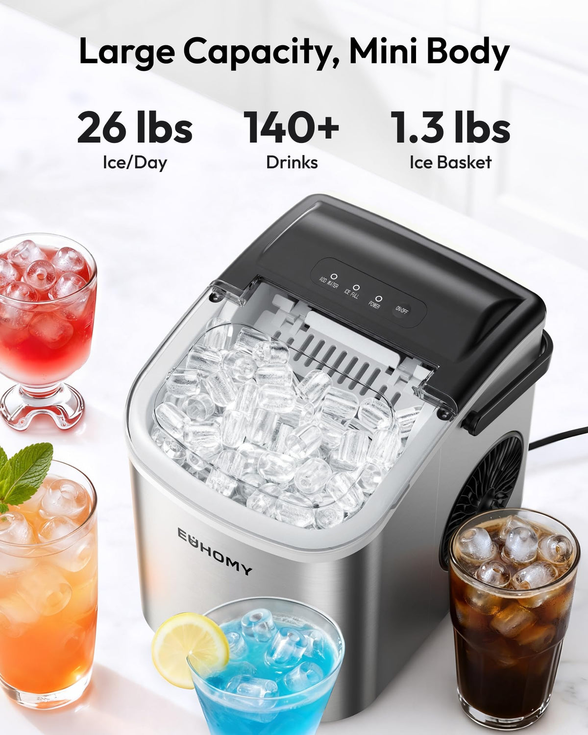EUHOMY Countertop Ice Maker Machine with Handle, 26lbs in 24Hrs, 9 Ice Cubes Ready in 6 Mins, Auto-Cleaning Portable Ice Maker with Basket and Scoop, for Home/Kitchen/Camping/RV. (Black) Jansha Store
