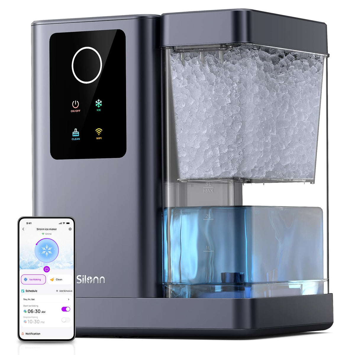 Silonn Nugget Ice Maker Countertop, Pellet Ice Machine with Self-Cleaning Function, Sonic Ice Maker Produces 36lbs of Chewable Ice in 24 Hours, Ideal for Home Kitchen and Office (Stainless Steel) Jansha Store
