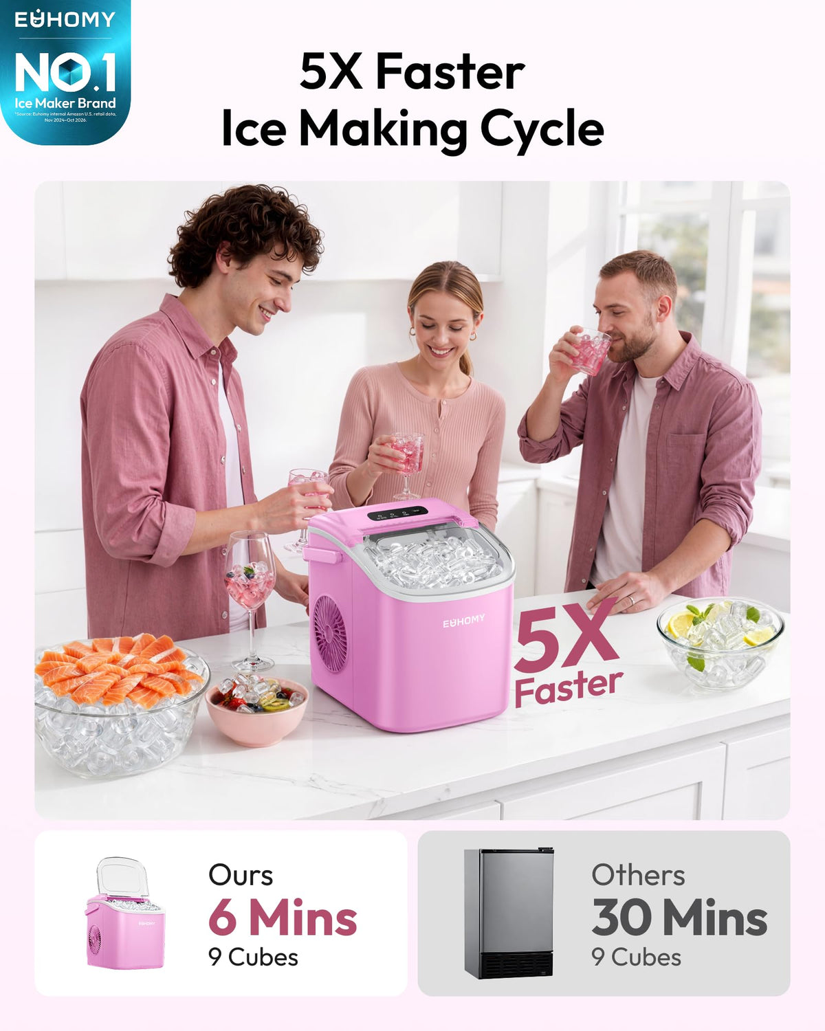 EUHOMY Countertop Ice Maker Machine with Handle, 26lbs in 24Hrs, 9 Ice Cubes Ready in 6 Mins, Auto-Cleaning Portable Ice Maker with Basket and Scoop, for Home/Kitchen/Camping/RV. (Black) Jansha Store
