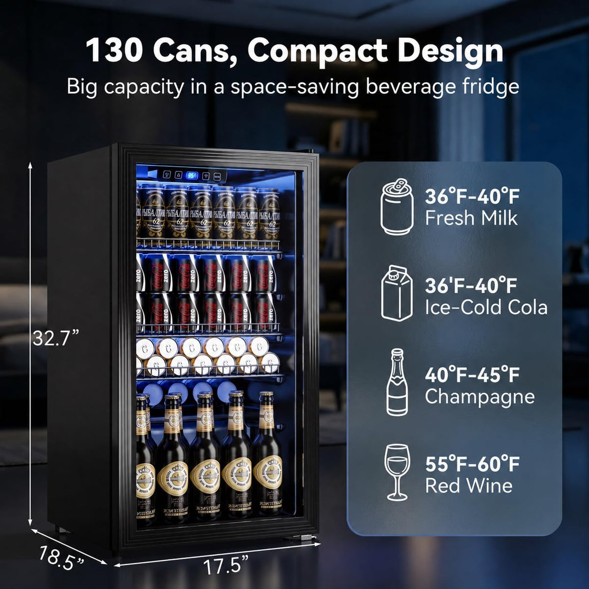 130 Can Beverage Refrigerator, 3.2 Cu.Ft Mini Fridge Beverage Cooler Jansha Store