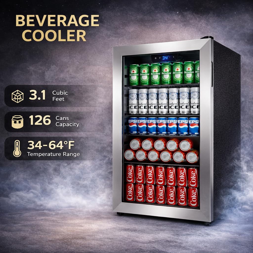 130 Can Beverage Refrigerator, 3.2 Cu.Ft Mini Fridge Beverage Cooler Jansha Store
