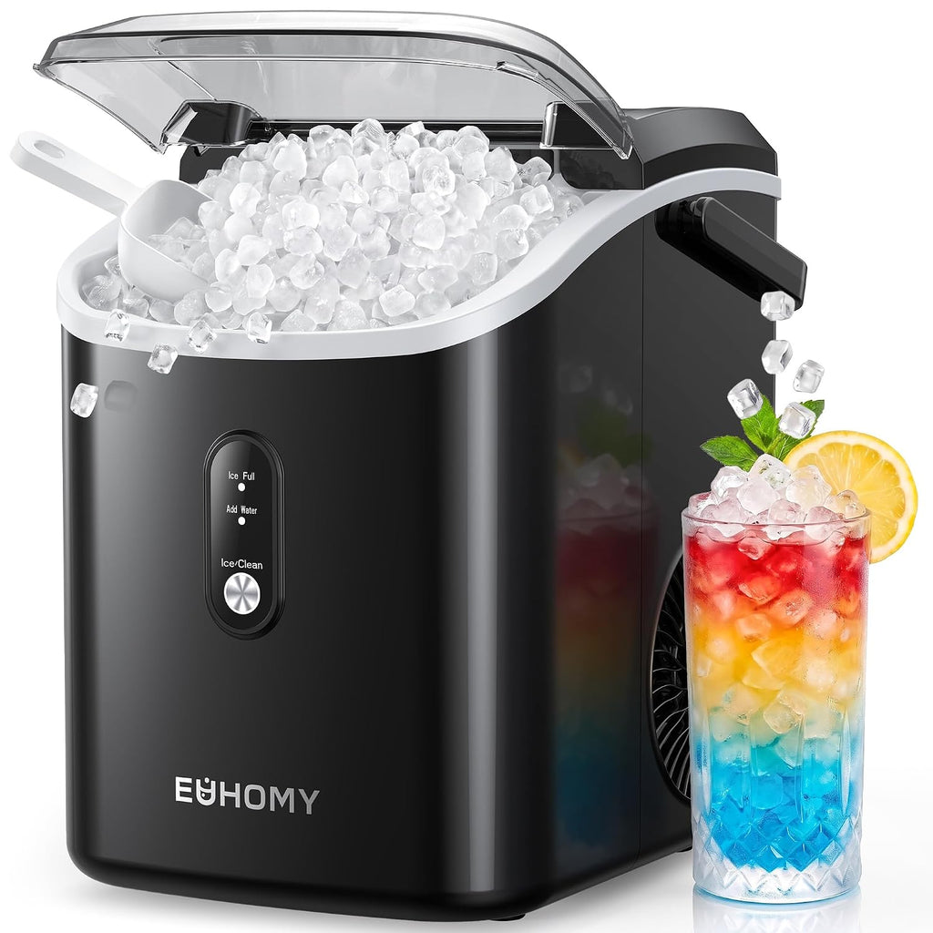 EUHOMY Nugget Ice Maker Countertop with Handle, Ready in 6 Mins, 34lbs Per Day, Removable Top Cover, Auto-Cleaning, Portable Sonic Ice Maker with Basket and Scoop, for Home/Party/RV/Camping (Black) Jansha Store
