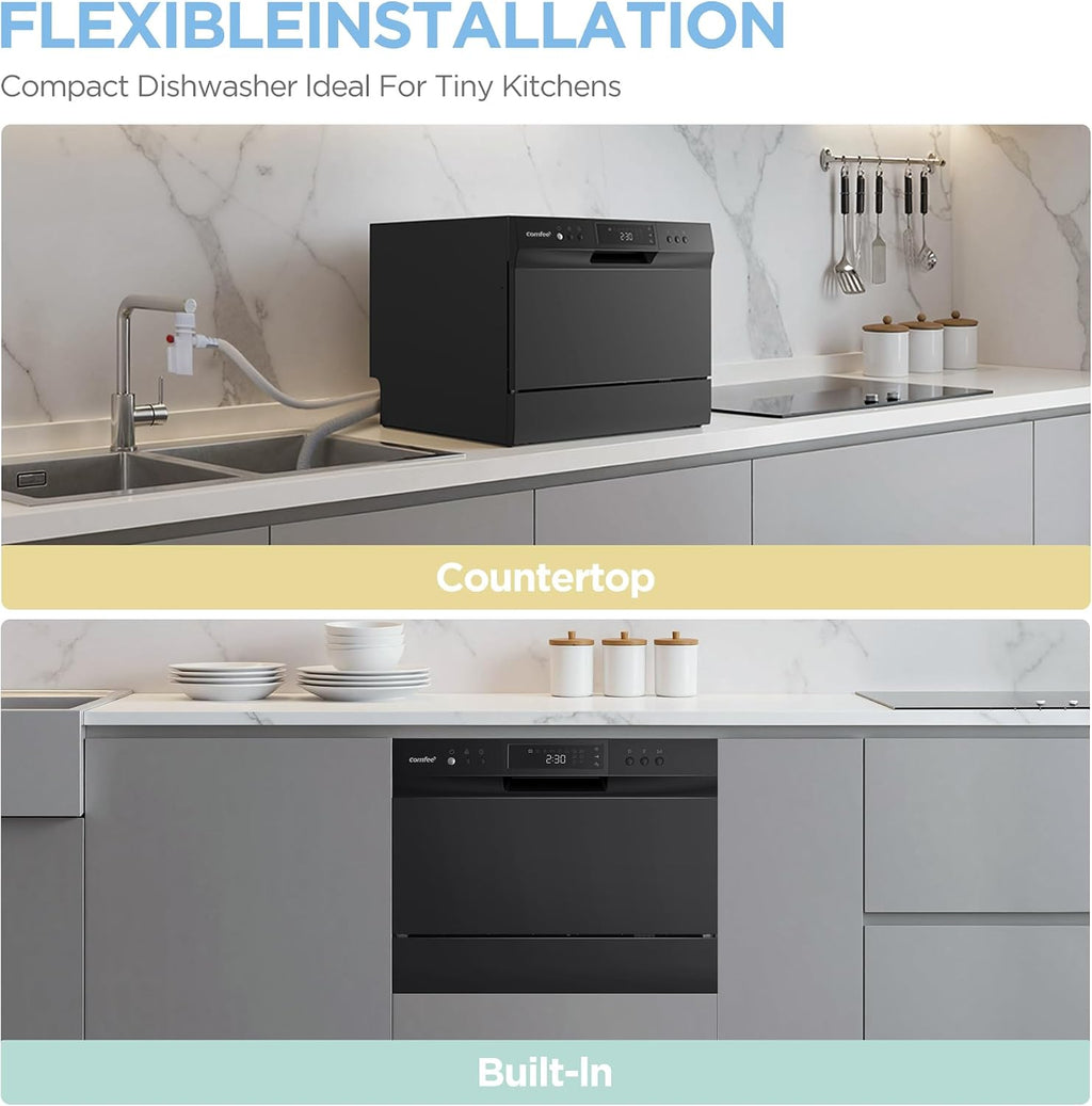 COMFEE’ Countertop Dishwasher, Energy Star Portable Dishwasher, 6 Place Settings & 8 Washing Programs, Speed, Baby-Care, ECO& Glass, Dish Washer for Dorm, RV& Apartment, Black Jansha Store