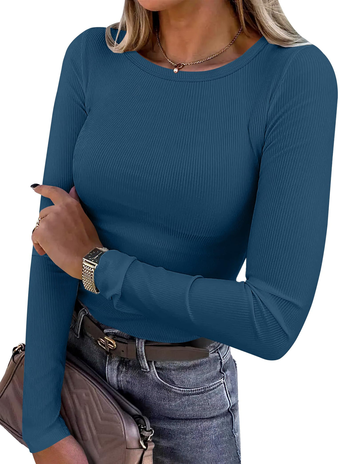 ANRABESS Women Long Sleeve Shirts Ribbed Fitted Tops Jansha Store