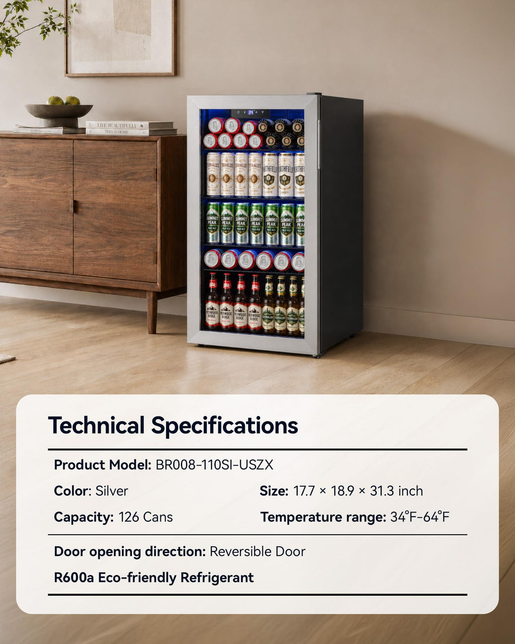 Feelfunn 3.2 Cu. Ft. Beverage Refrigerator, 126-Can Mini Fridge, 34-64°F Jansha Store