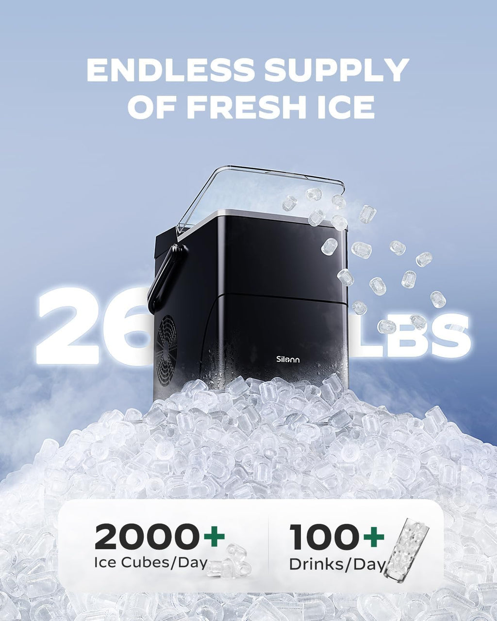Silonn Ice Maker Countertop, Portable Ice Machine with Carry Handle, Self-Cleaning Ice Makers with Basket and Scoop, 9 Cubes in 6 Mins, 26 lbs per Day, Ideal for Home, Kitchen, Camping, RV Jansha Store