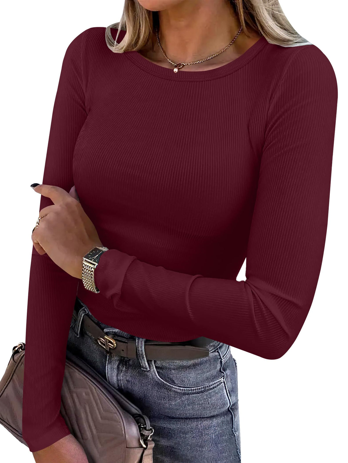 ANRABESS Women Long Sleeve Shirts Ribbed Fitted Tops Jansha Store
