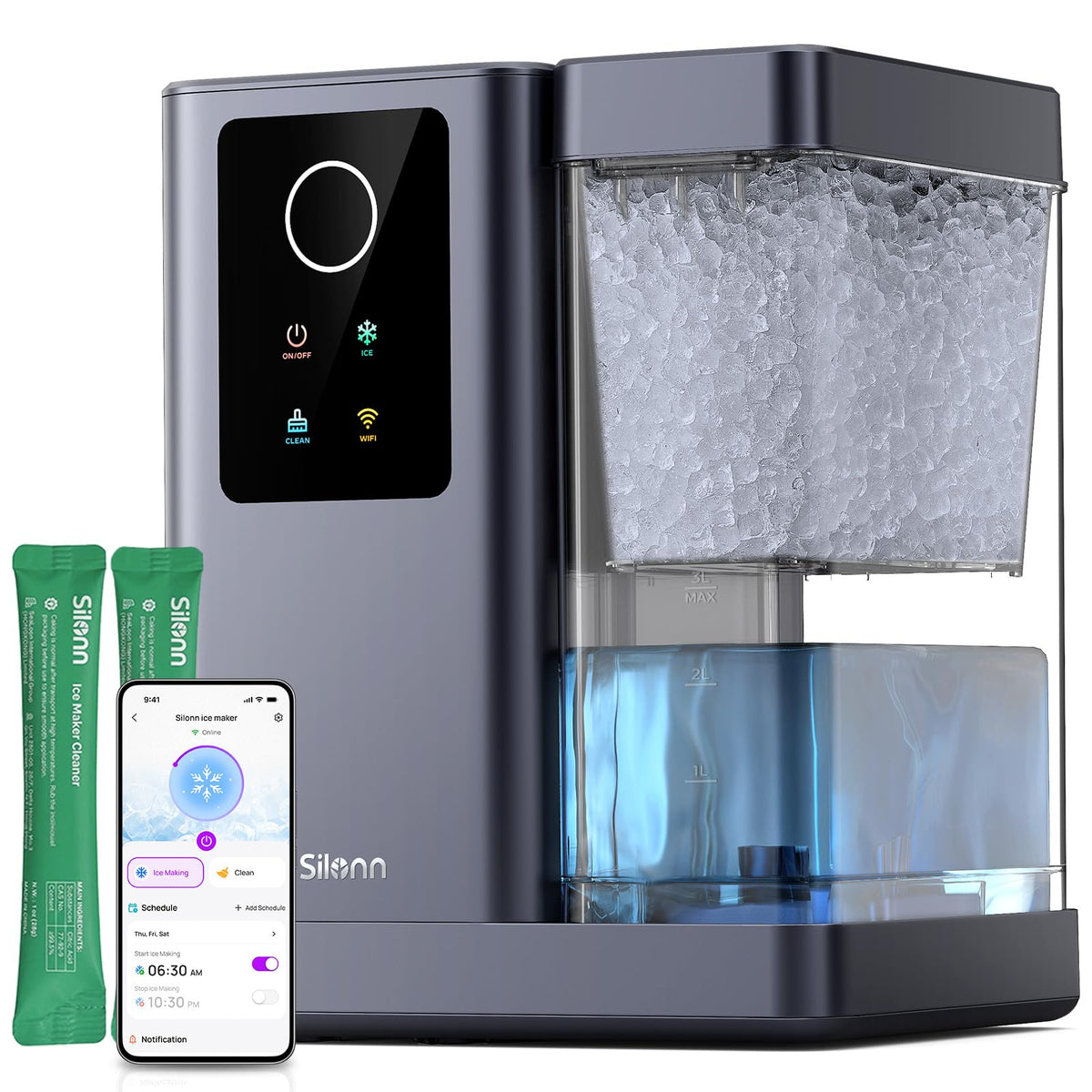 Silonn Nugget Ice Maker, Smart Countertop Ice Machine with APP & Voice Control, Self-Cleaning, 44lbs/24H Soft Chewable Sonic Ice, 3L Tank, for Home Kitchen & Party Jansha Store