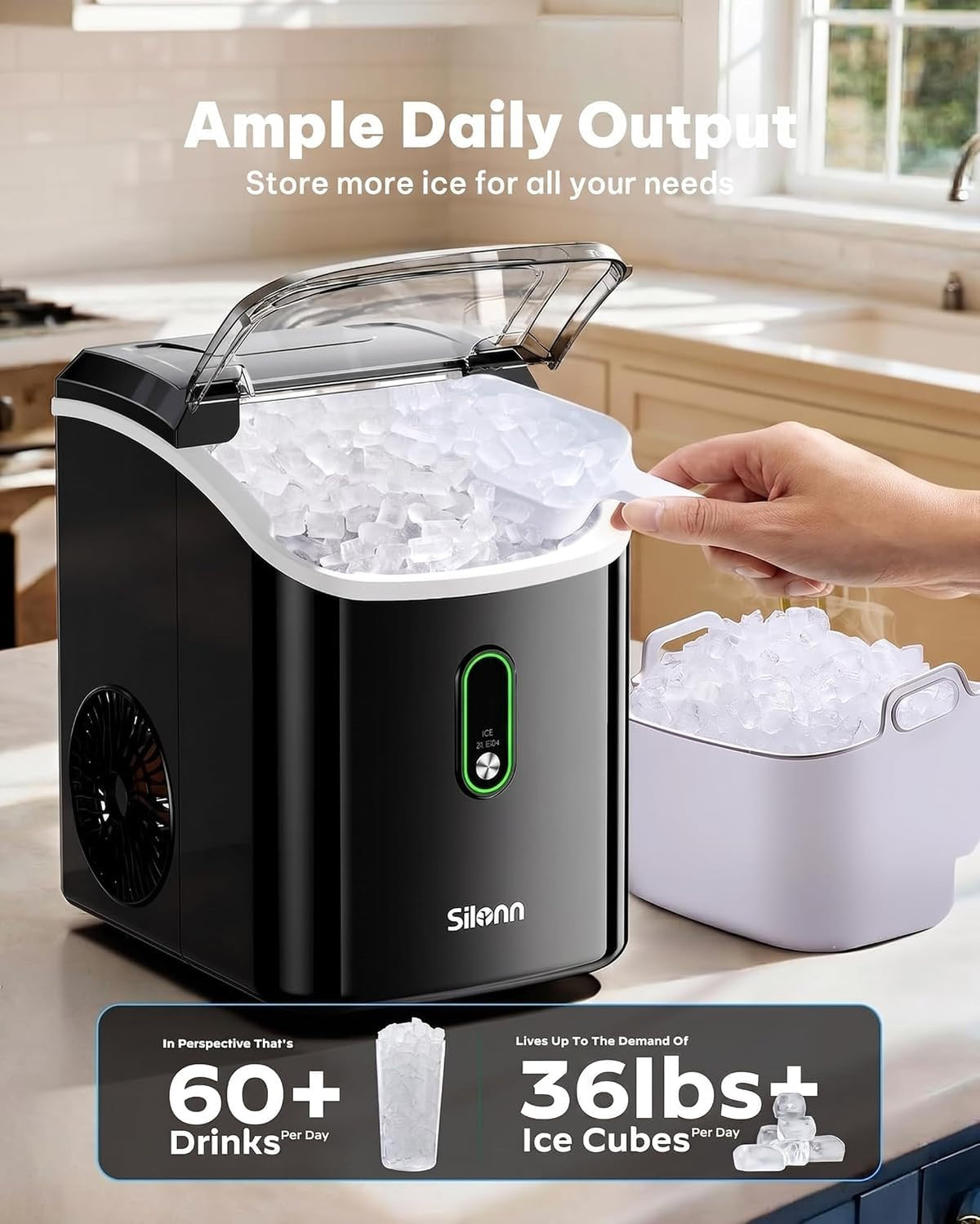 Silonn Nugget Ice Maker Countertop, Pellet Ice Machine with Self-Cleaning Function, Sonic Ice Maker Produces 36lbs of Chewable Ice in 24 Hours, Ideal for Home Kitchen and Office (Stainless Steel) Jansha Store