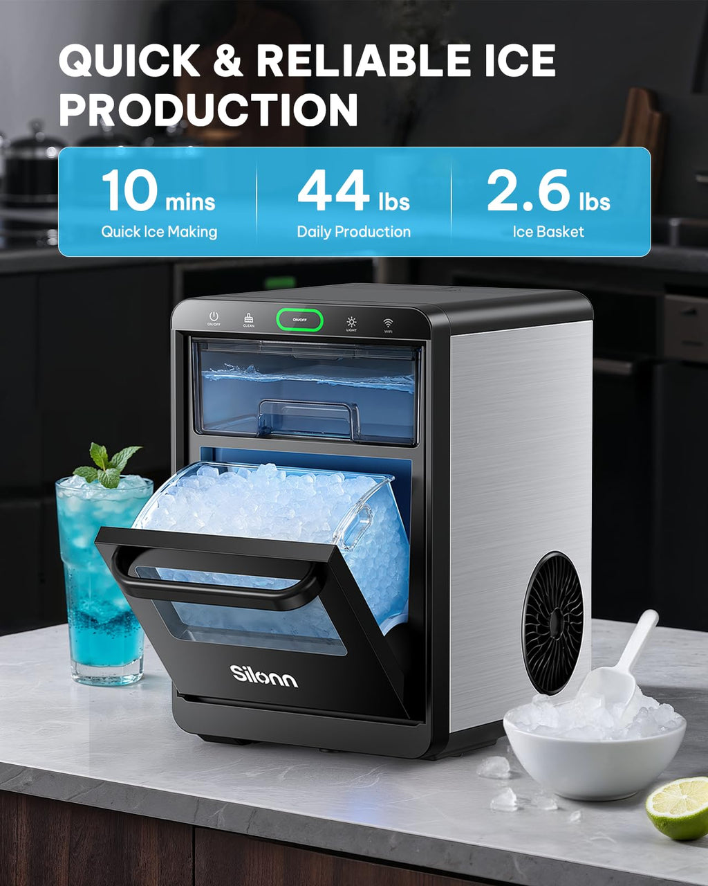 Silonn Nugget Ice Maker Countertop, Pellet Ice Machine with Self-Cleaning Function, Sonic Ice Maker Produces 36lbs of Chewable Ice in 24 Hours, Ideal for Home Kitchen and Office (Stainless Steel) Jansha Store