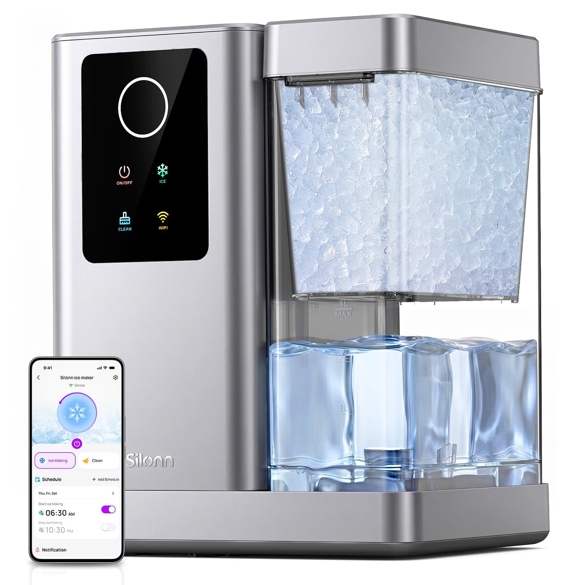 Silonn Nugget Ice Maker, Smart Countertop Ice Machine with APP & Voice Control, Self-Cleaning, 44lbs/24H Soft Chewable Sonic Ice, 3L Tank, for Home Kitchen & Party Jansha Store