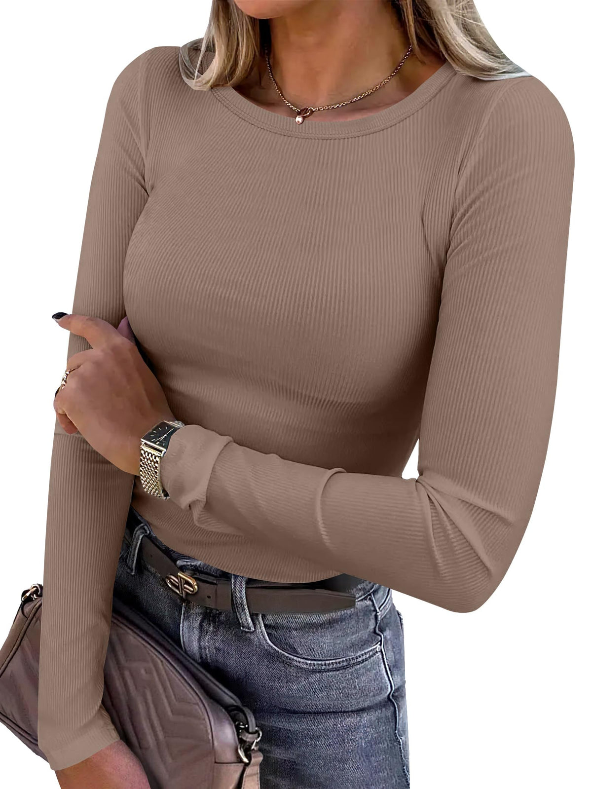 ANRABESS Women Long Sleeve Shirts Ribbed Fitted Tops Jansha Store