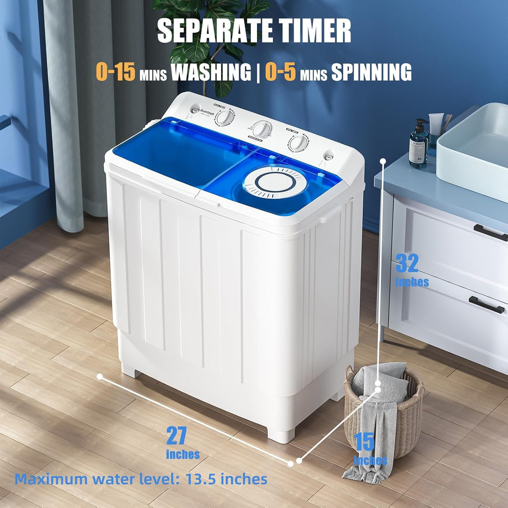 Auertech Portable Washing Machine, 28lbs Twin Tub Washer Mini Compact Laundry Machine with Drain Pump, Semi-automatic 18lbs Washer 10lbs Spinner Combo for Dorms, Apartments, RVs Jansha Store